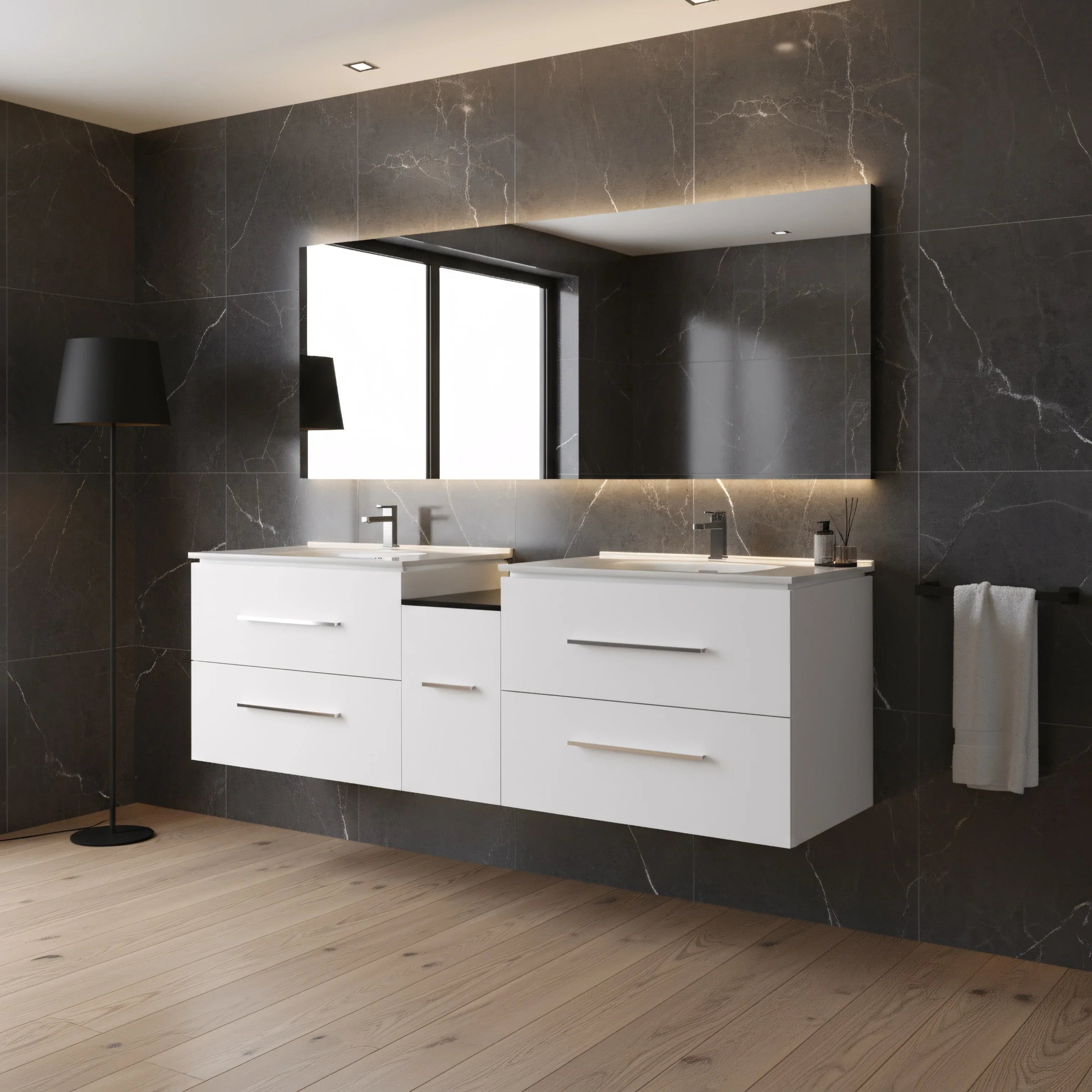 Meuble-Lavabo Mural 72po Blanc Mat avec Comptoir de Céramique Blanc