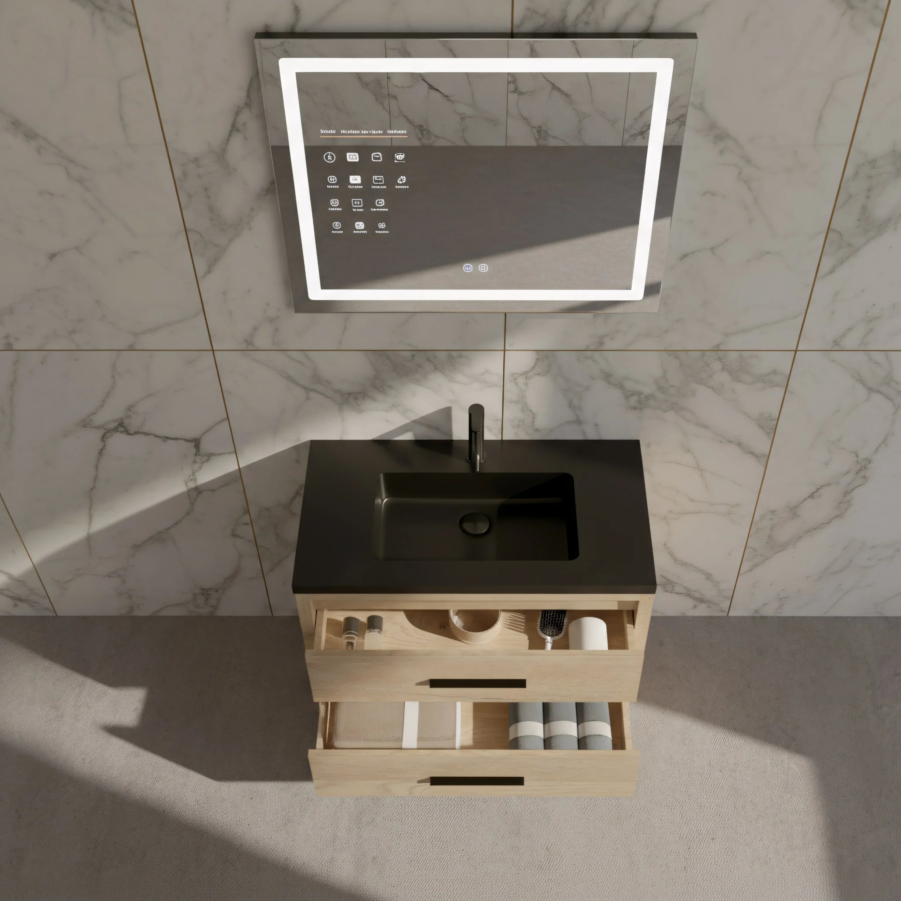 36" Rough Oak Freestanding Bathroom Vanity with Black Engineered Quartz Countertop