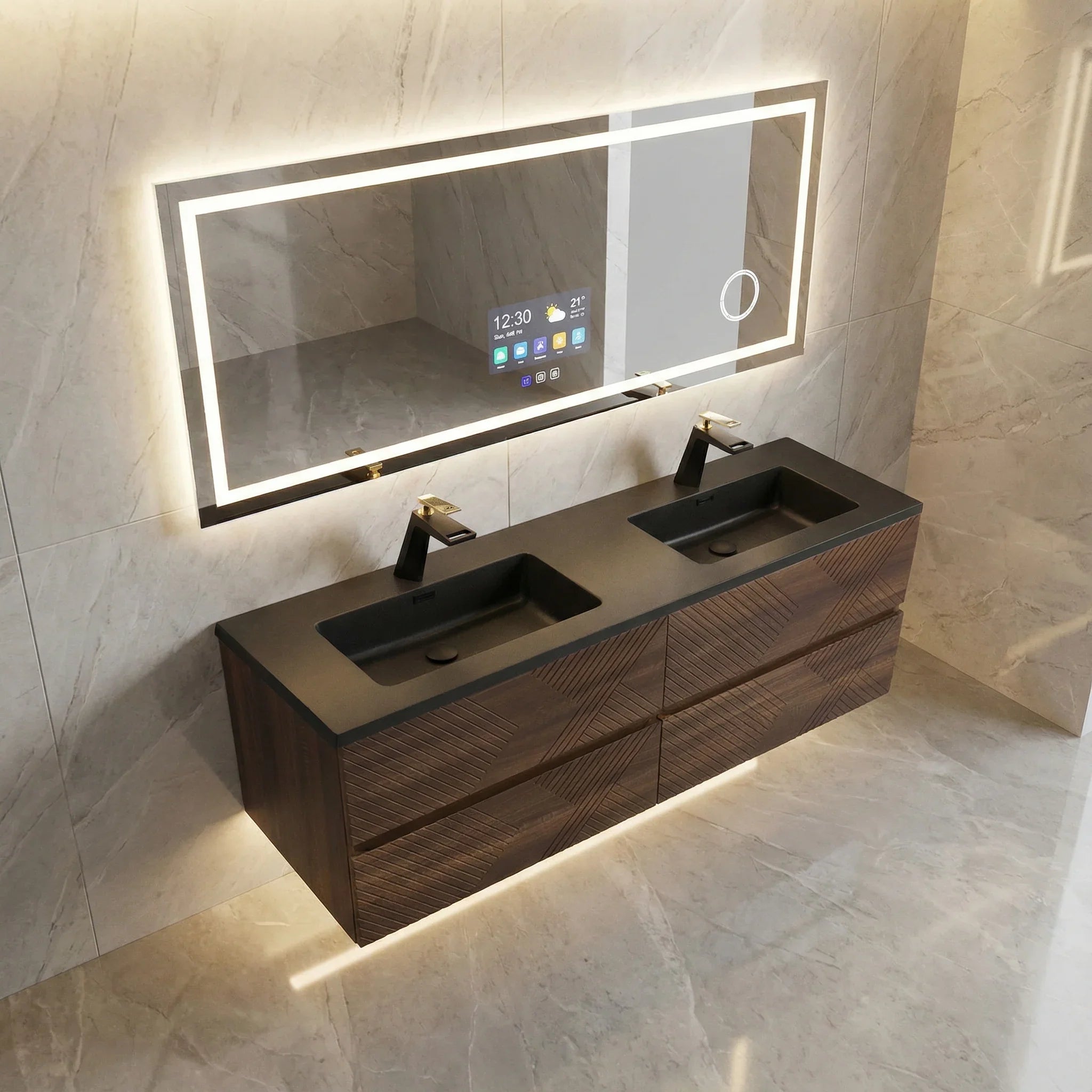 60" Walnut Wall Mount Double Sink Bathroom Vanity with Black Engineered Quartz Countertop