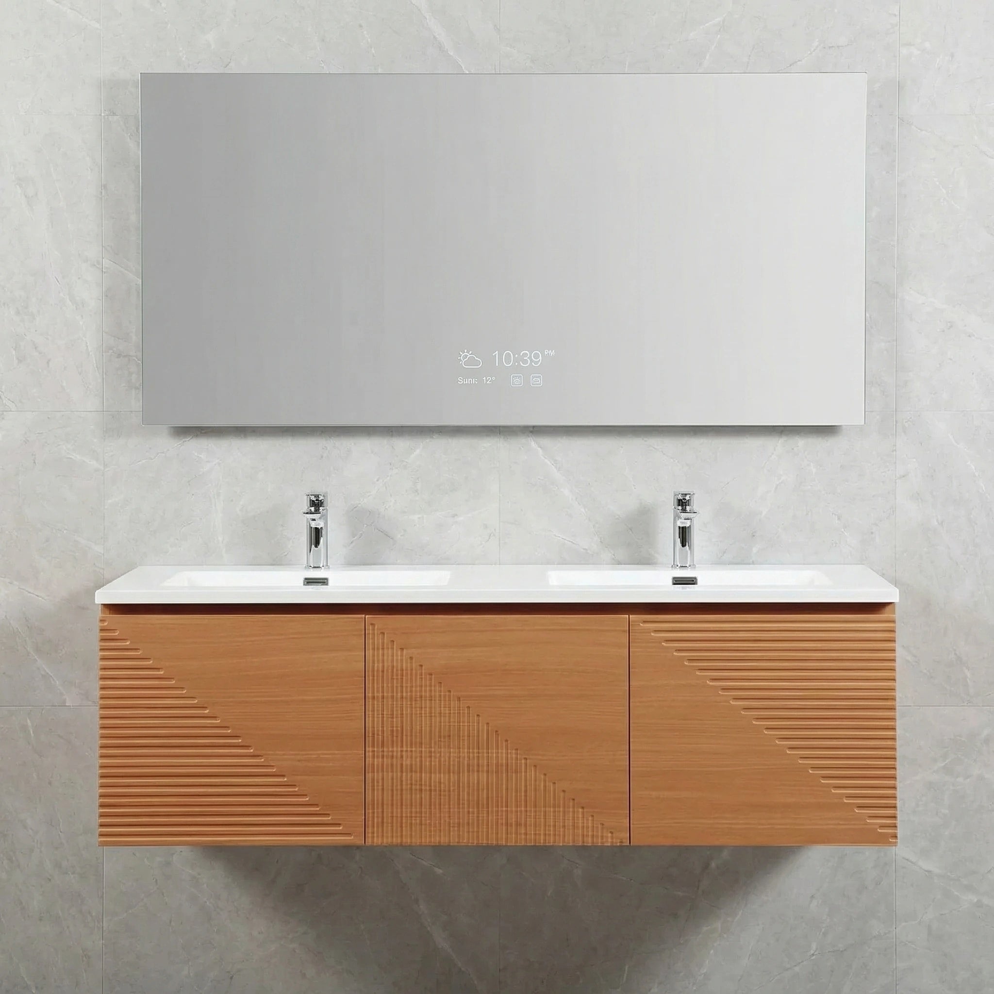 60" Light Oak Wall-Mounted Double Sink Bathroom Vanity with White Polymarble Countertop