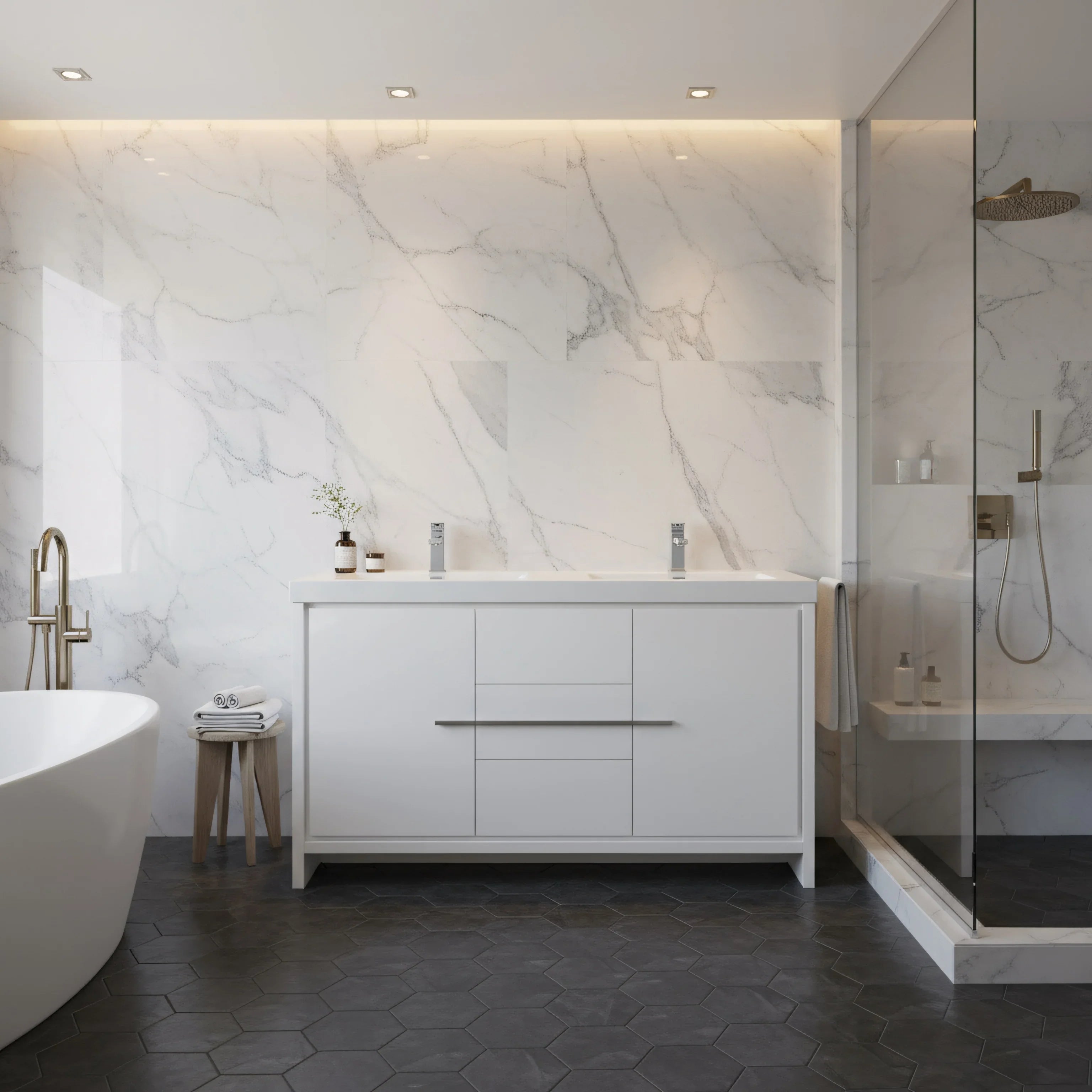 Meuble-Lavabo Autoportant 60po Blanc Brillant avec Comptoir de Polymarbre Blanc 