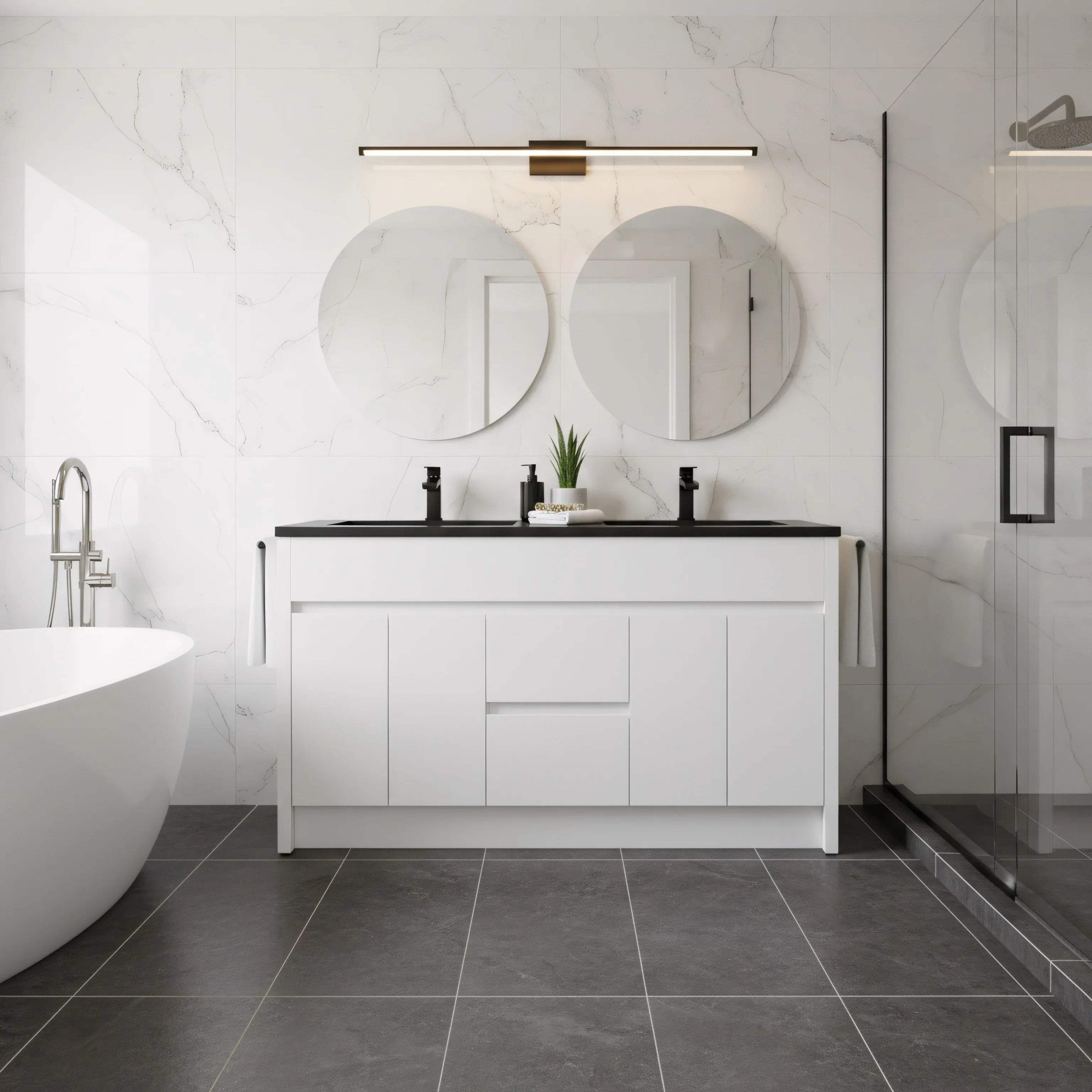 60" Matte White Freestanding Double Sink Bathroom Vanity with Black Engineered Quartz Countertop
