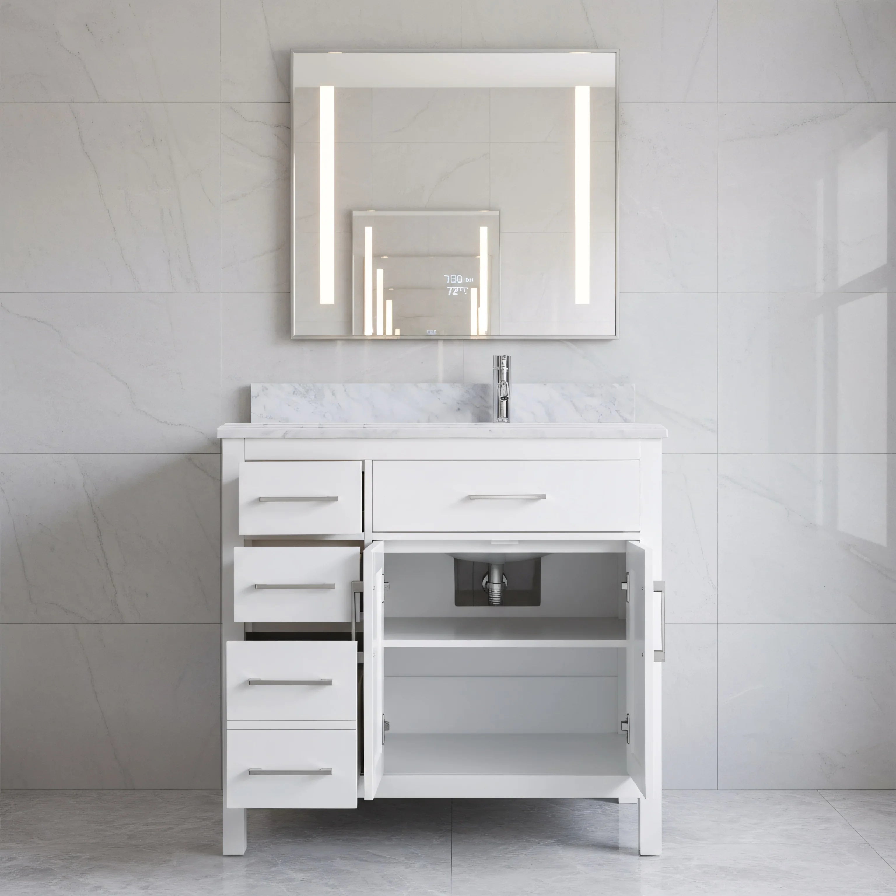 36" White Freestanding Single Sink Bathroom Vanity with Carrera Marble Countertop