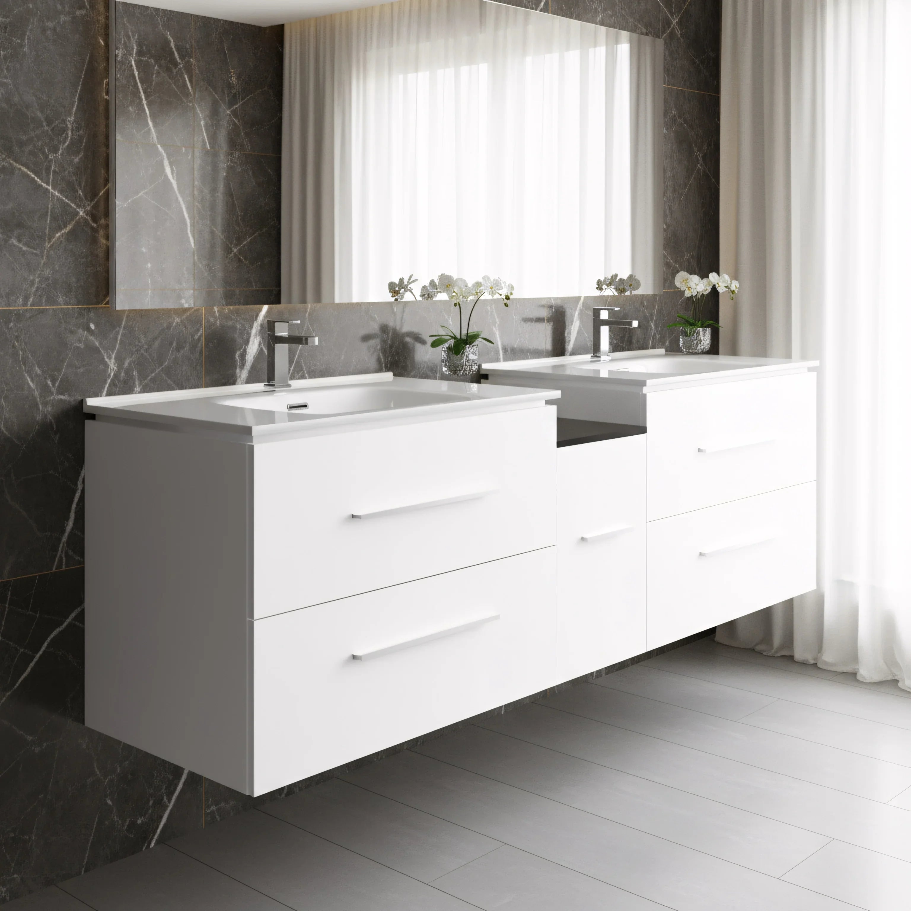 60" Matte White Wall Mount Double Sink Bathroom Vanity with White Ceramic Countertop
