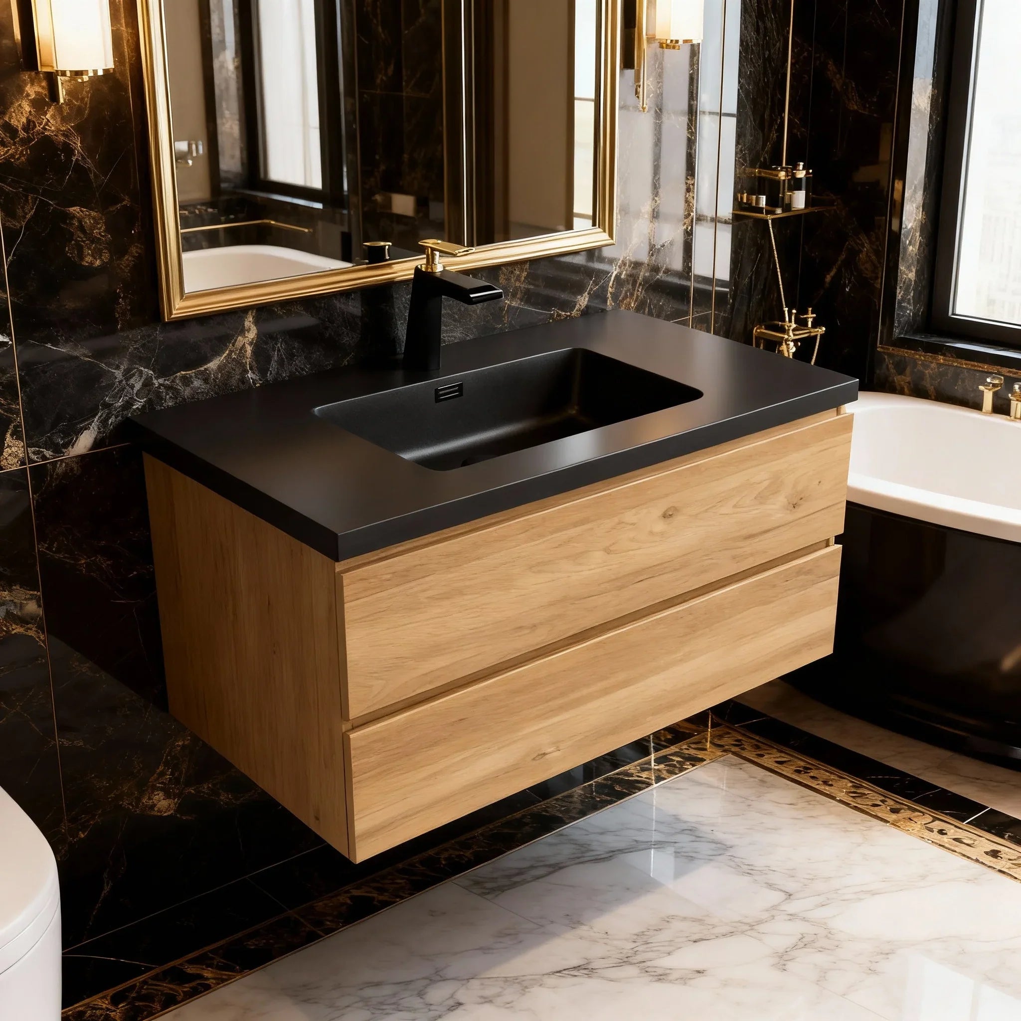 Meuble-Lavabo Mural 36po Chêne Brut avec Comptoir de Quartz d'ingénierie Noir