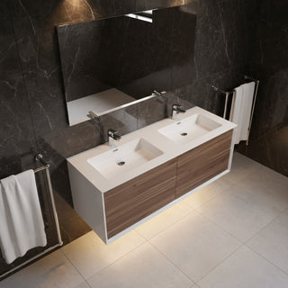 Meuble-lavabo double mural en noyer de 60" avec Comptoir en polymarbre blanc Fleur