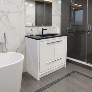 36" Glossy White Freestanding Bathroom Vanity with Black Engineered Quartz Countertop