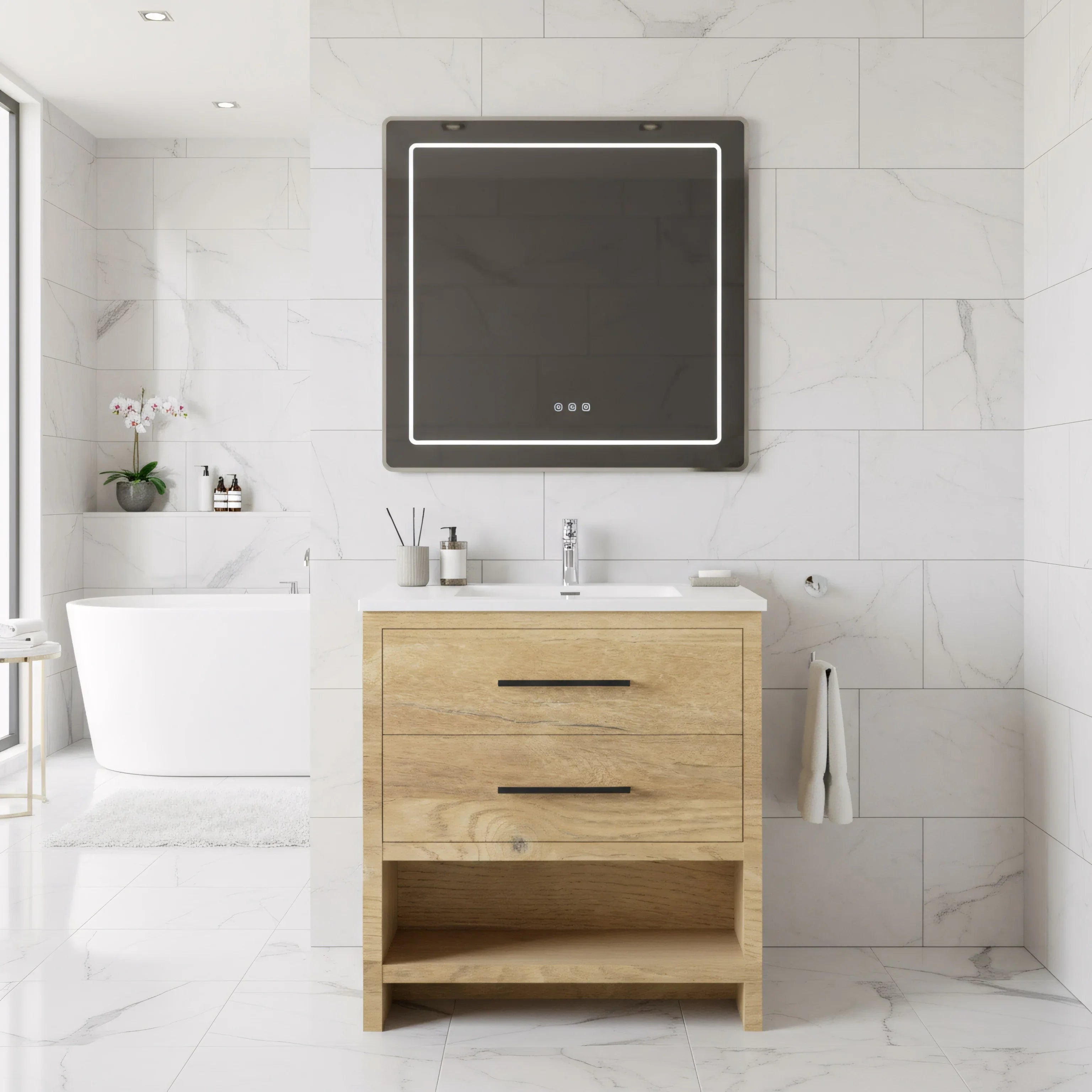 30" Rough Oak Freestanding Bathroom Vanity with White Polymarble Countertop