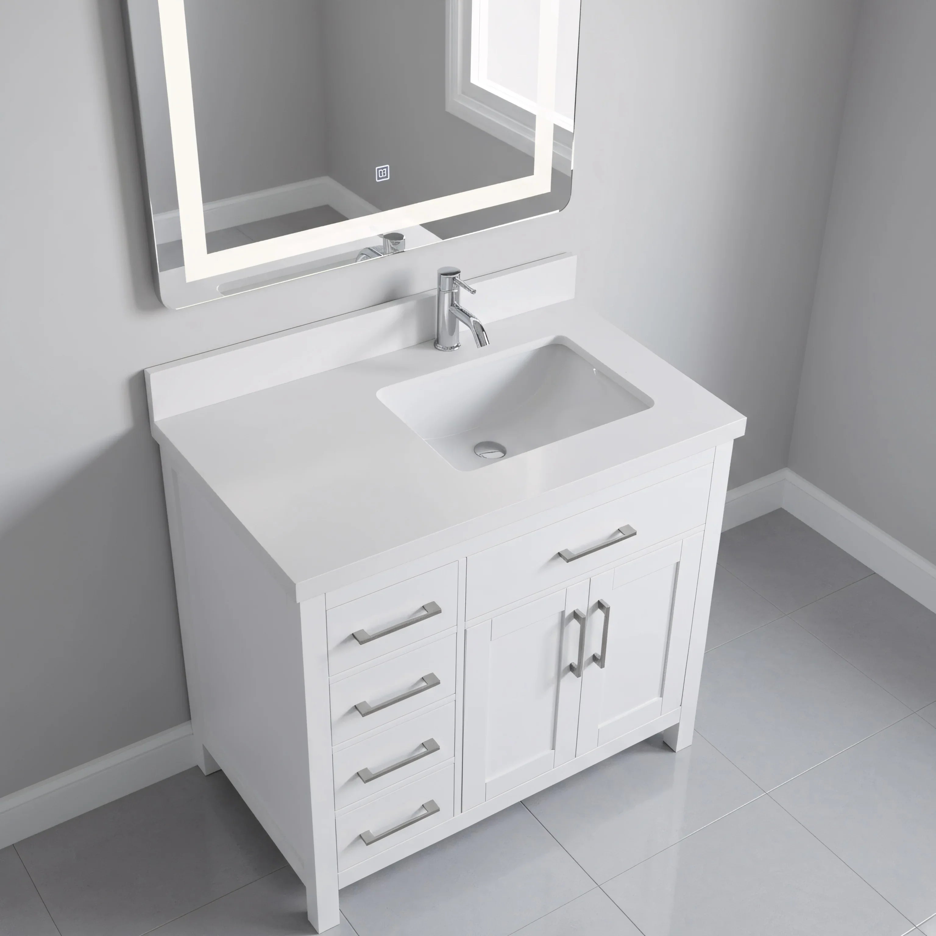 36" White Freestanding Single Sink Bathroom Vanity with Snow White Quartz Countertop