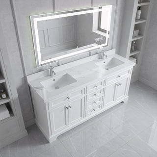 72" White Freestanding Double Sink Bathroom Vanity with Engineered Calcutta Marble Countertop