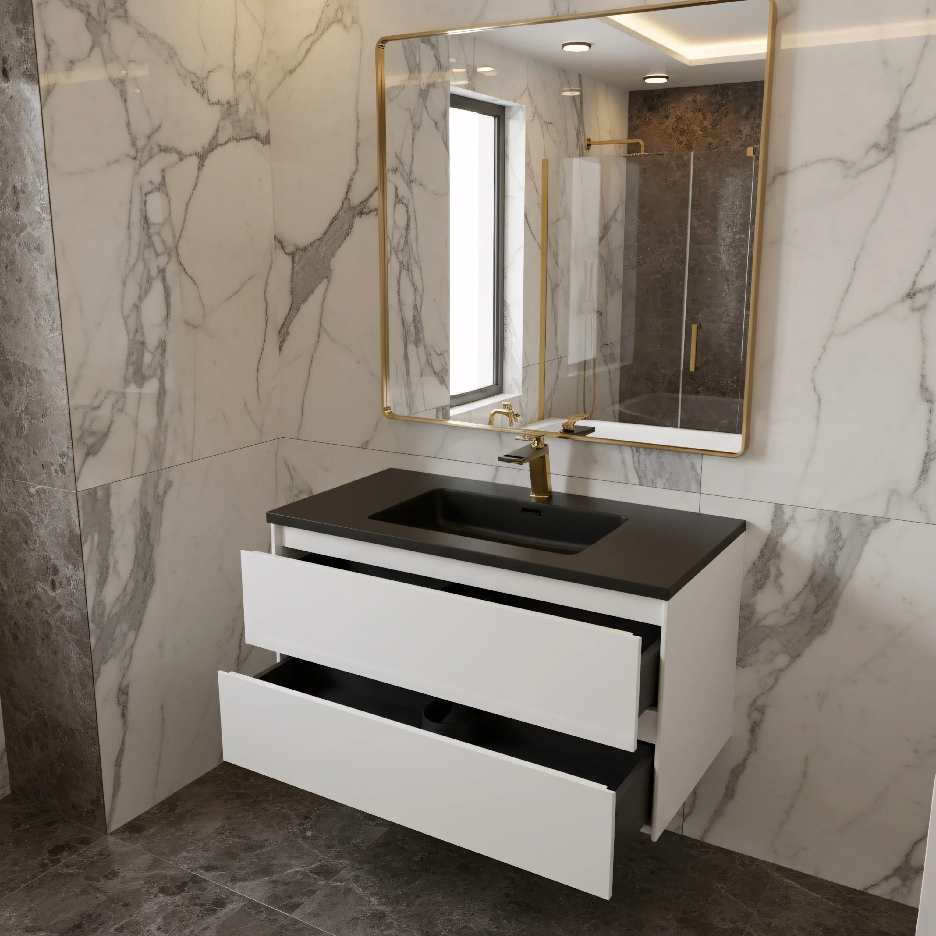 48" White Wall Mount Single Sink Bathroom Vanity with Black Engineered Quartz Countertop