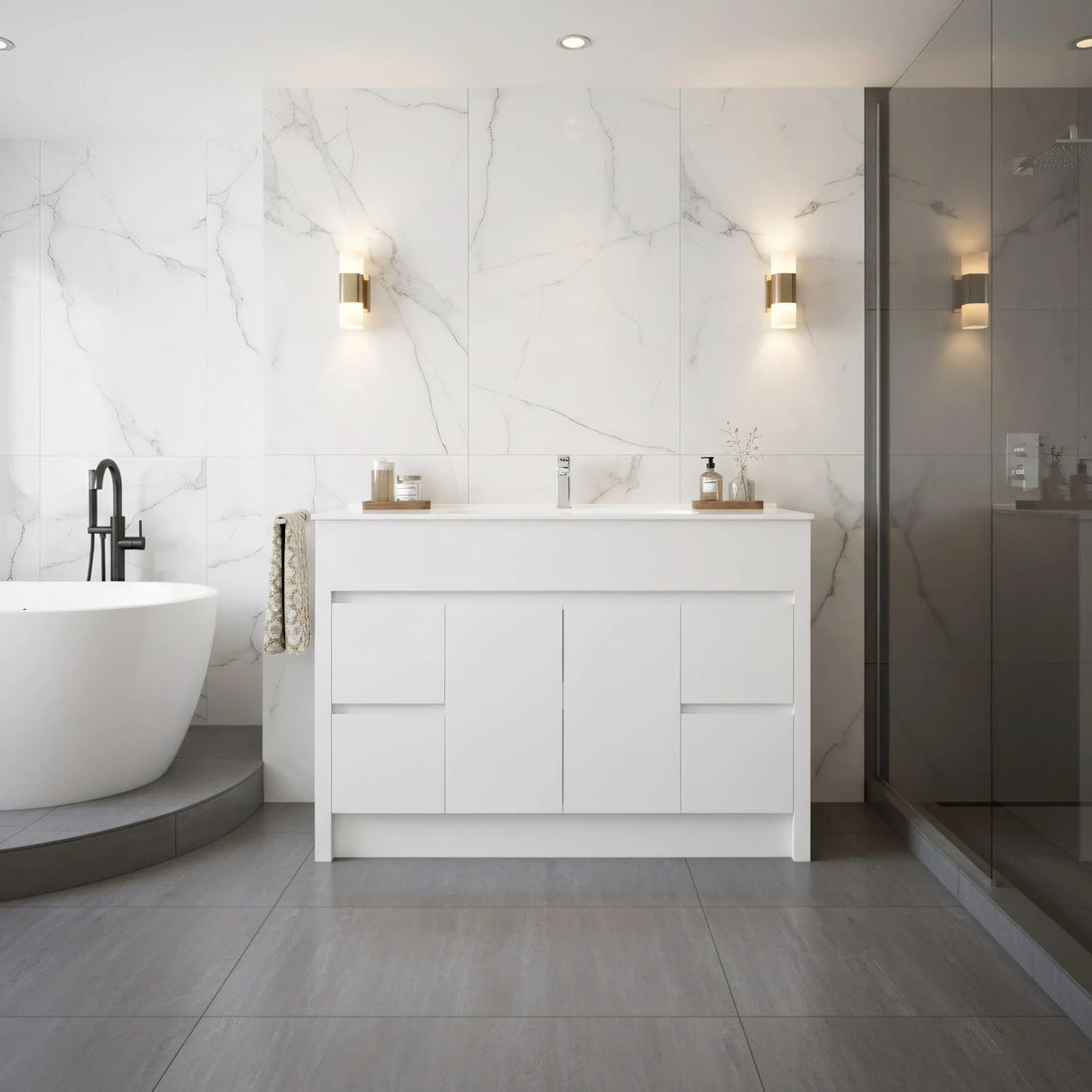 48" Matte White Freestanding Bathroom Vanity with White Ceramic Countertop