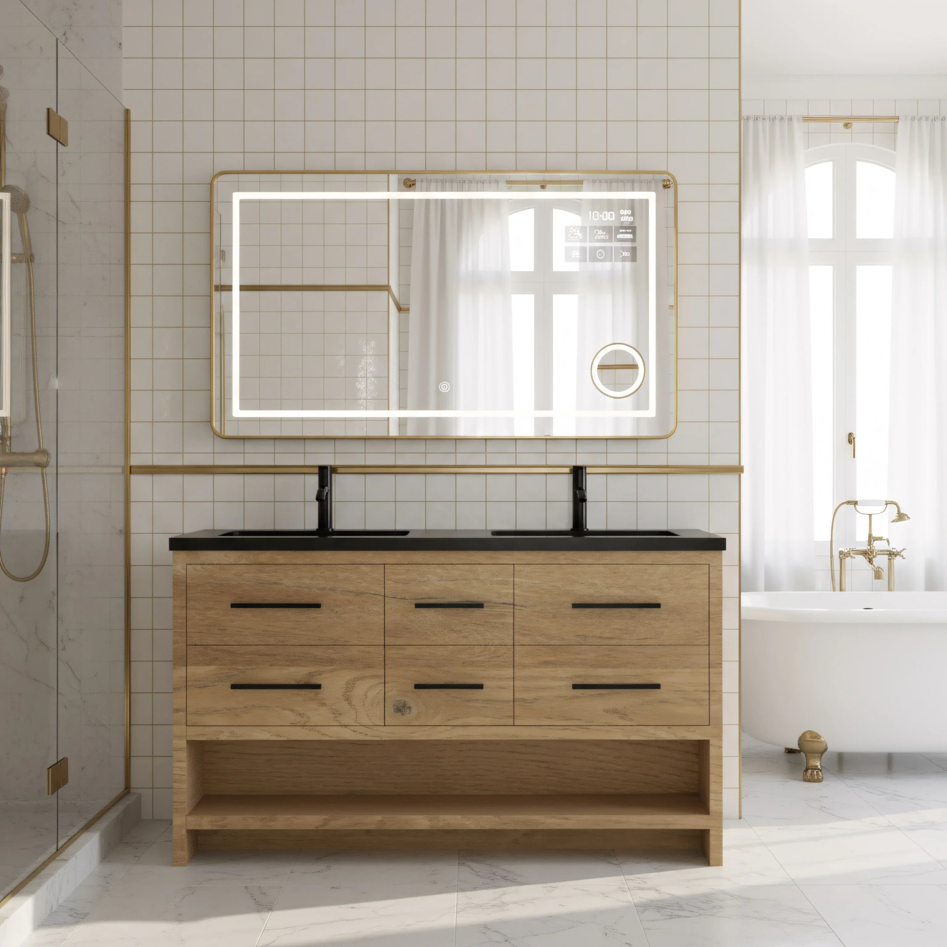 60" Rough Oak Freestanding Double Sink Bathroom Vanity with Black Engineered Quartz Countertop