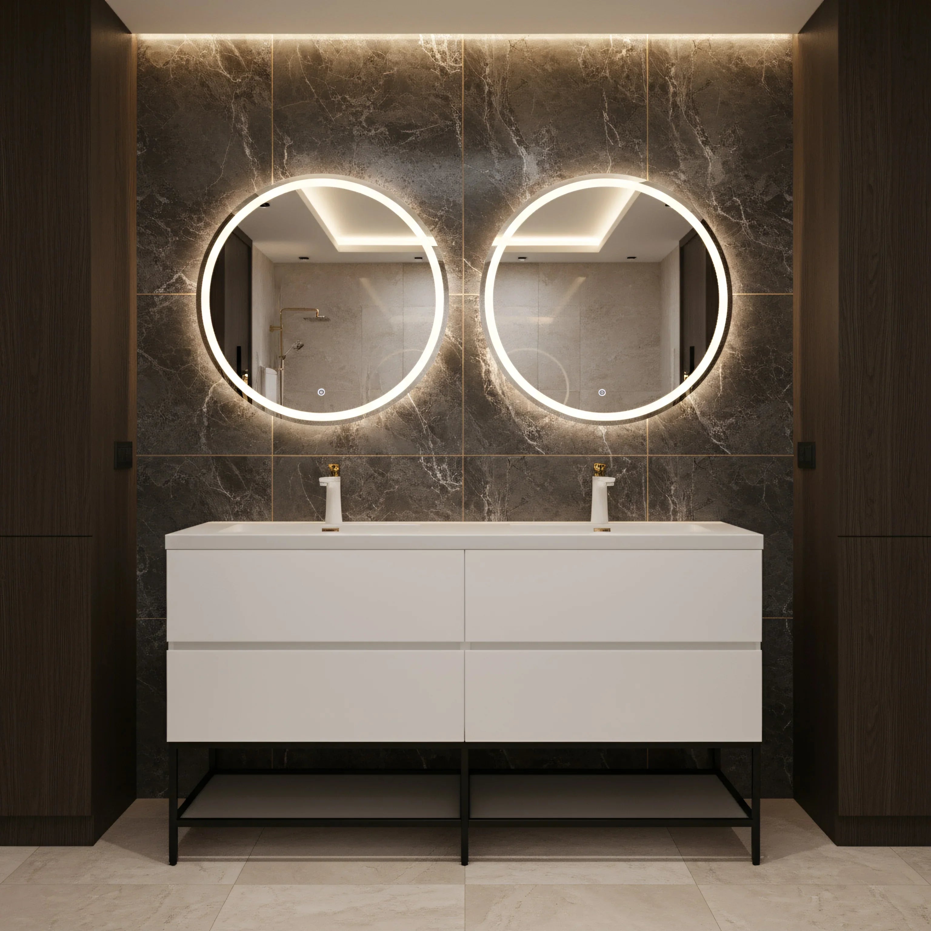 60" White Wall Mount Double Sink Bathroom Vanity with White Polymarble Countertop