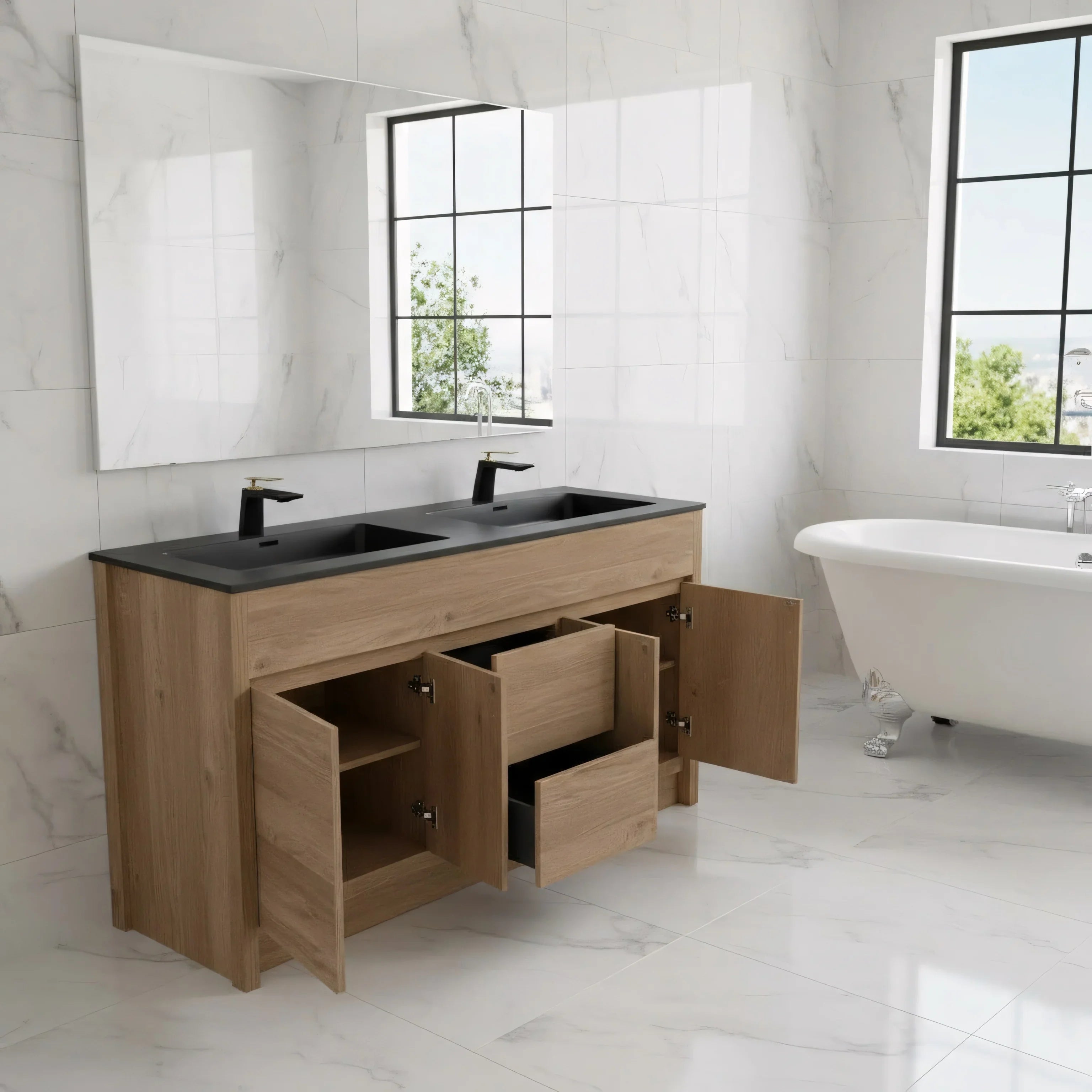 60" Rough Oak Freestanding Double Sink Bathroom Vanity with Black Engineered Quartz Countertop