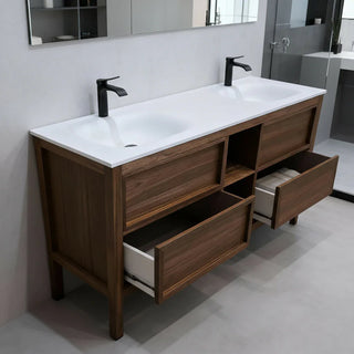 72" Natural Walnut Freestanding Double Sink Bathroom Vanity with White Solid Surface Countertop