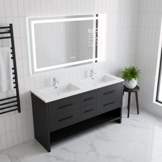 72" Black Rough Oak Freestanding Double Sink Bathroom Vanity with White Polymarble Countertop