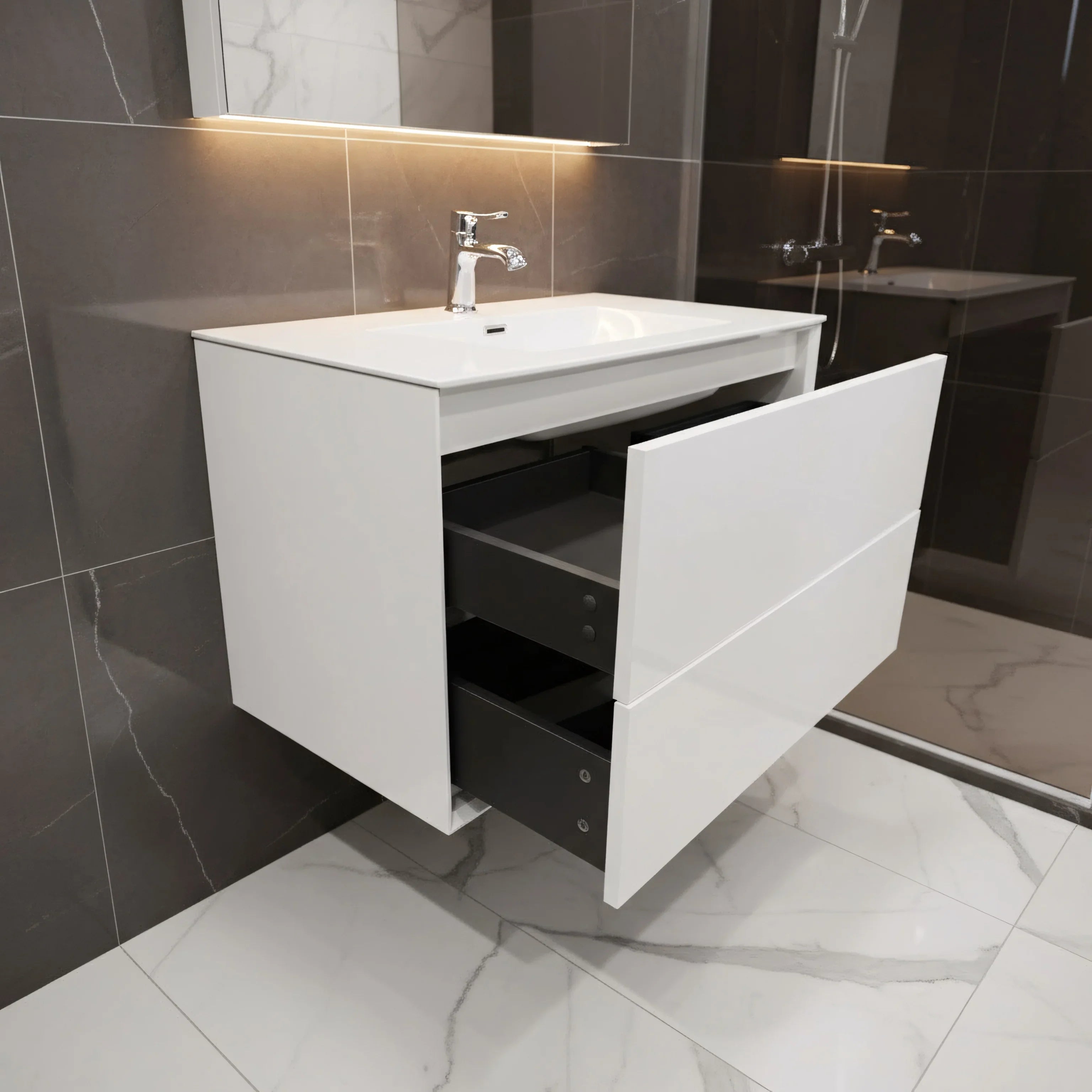 30" White Wall Mount Vanity with White Polymarble Countertop