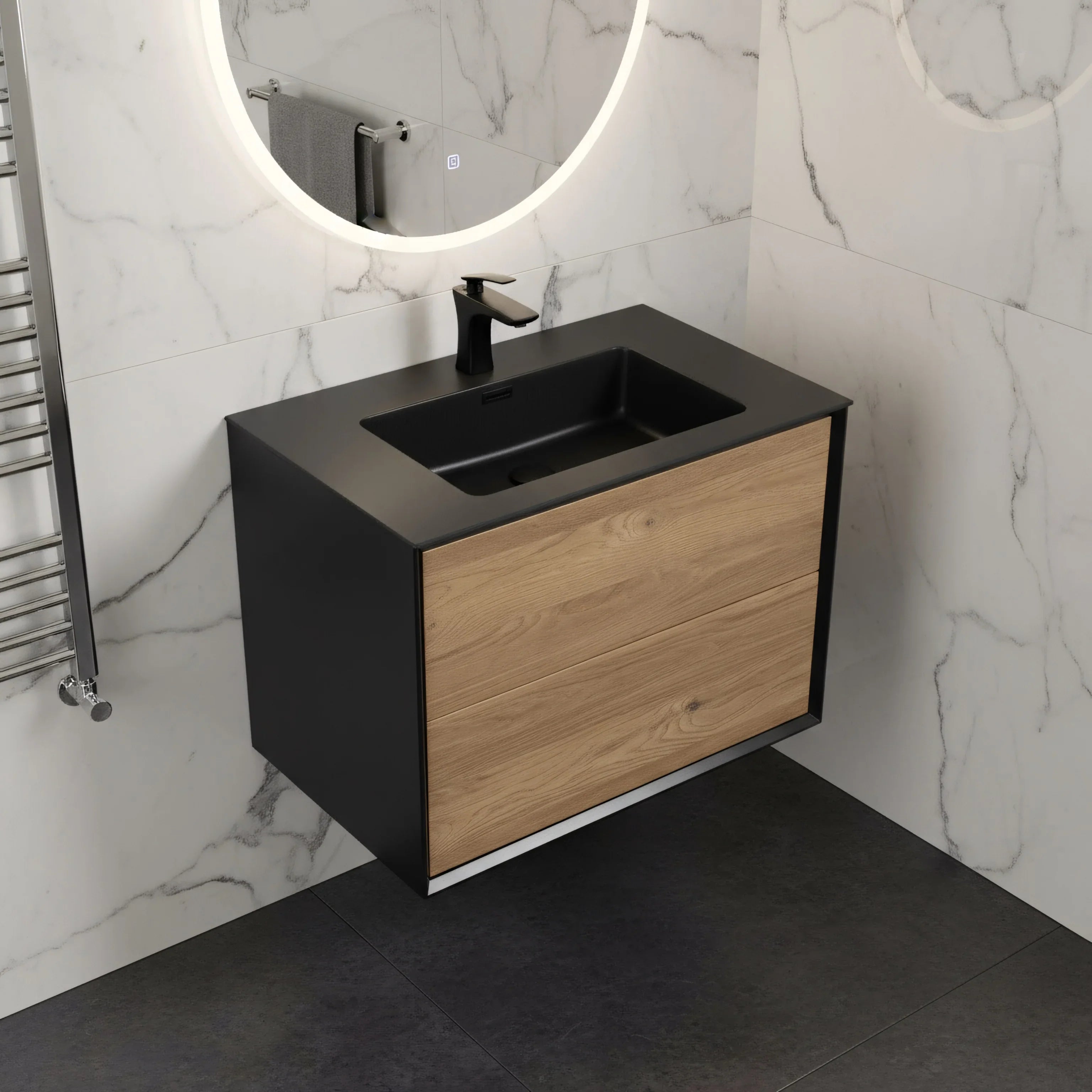 30" Black & Rough Oak Wall Mount Vanity with Black Engineered Quartz Countertop