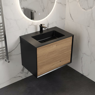 30" Black & Rough Oak Wall Mount Vanity with Black Engineered Quartz Countertop