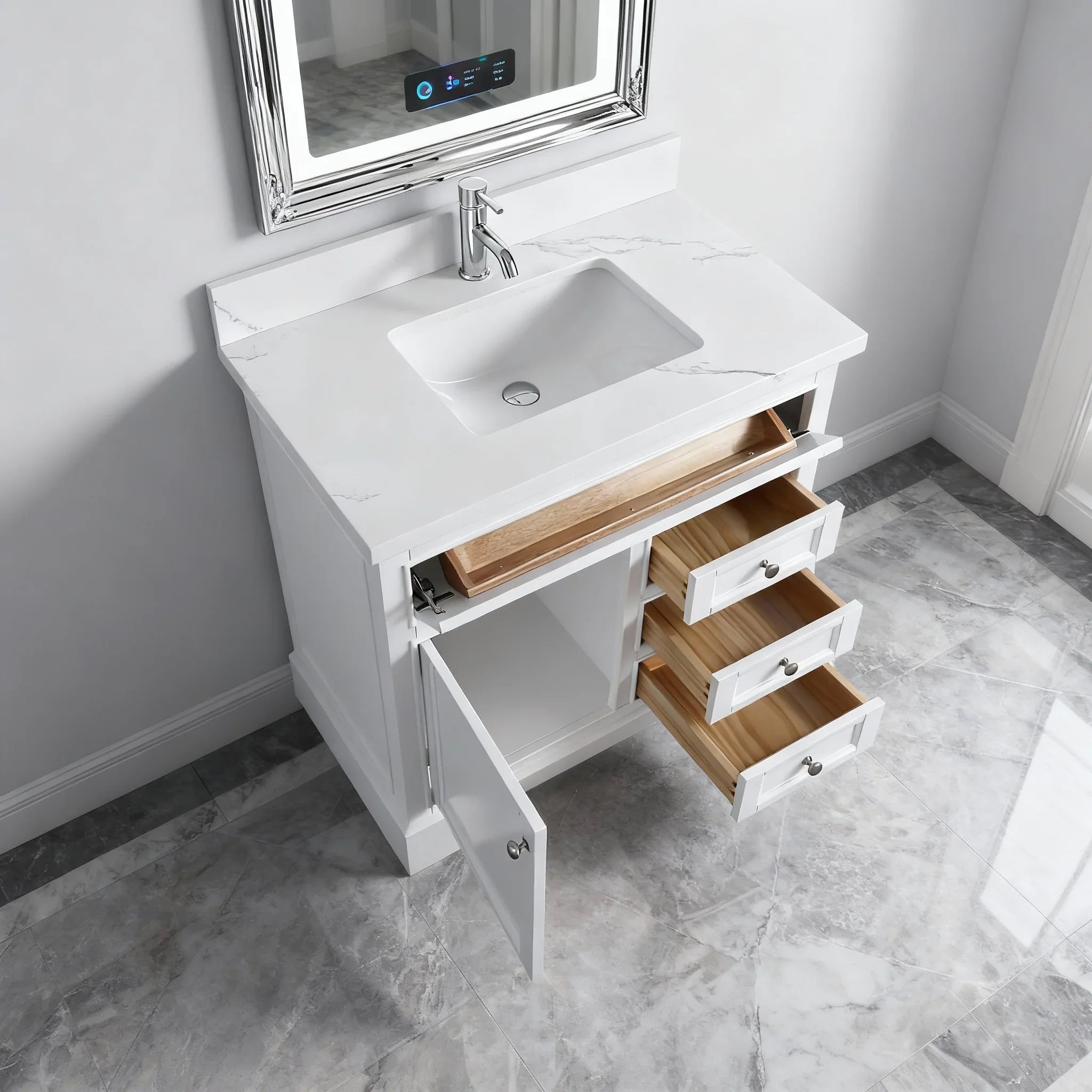 Meuble-lavabo de salle de bain autoportant blanc 36" avec Comptoir en marbre Calcutta reconstitué