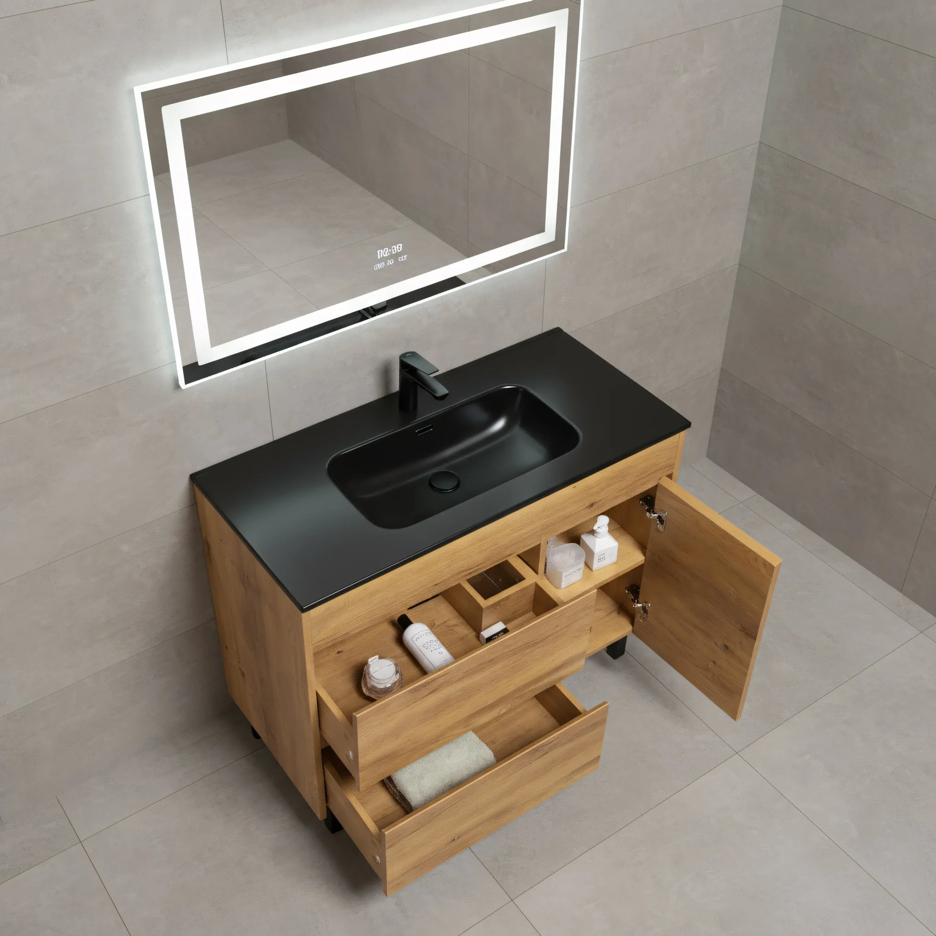 40" Frosted Oak Freestanding Single Sink Bathroom Vanity with Black Ceramic Countetop