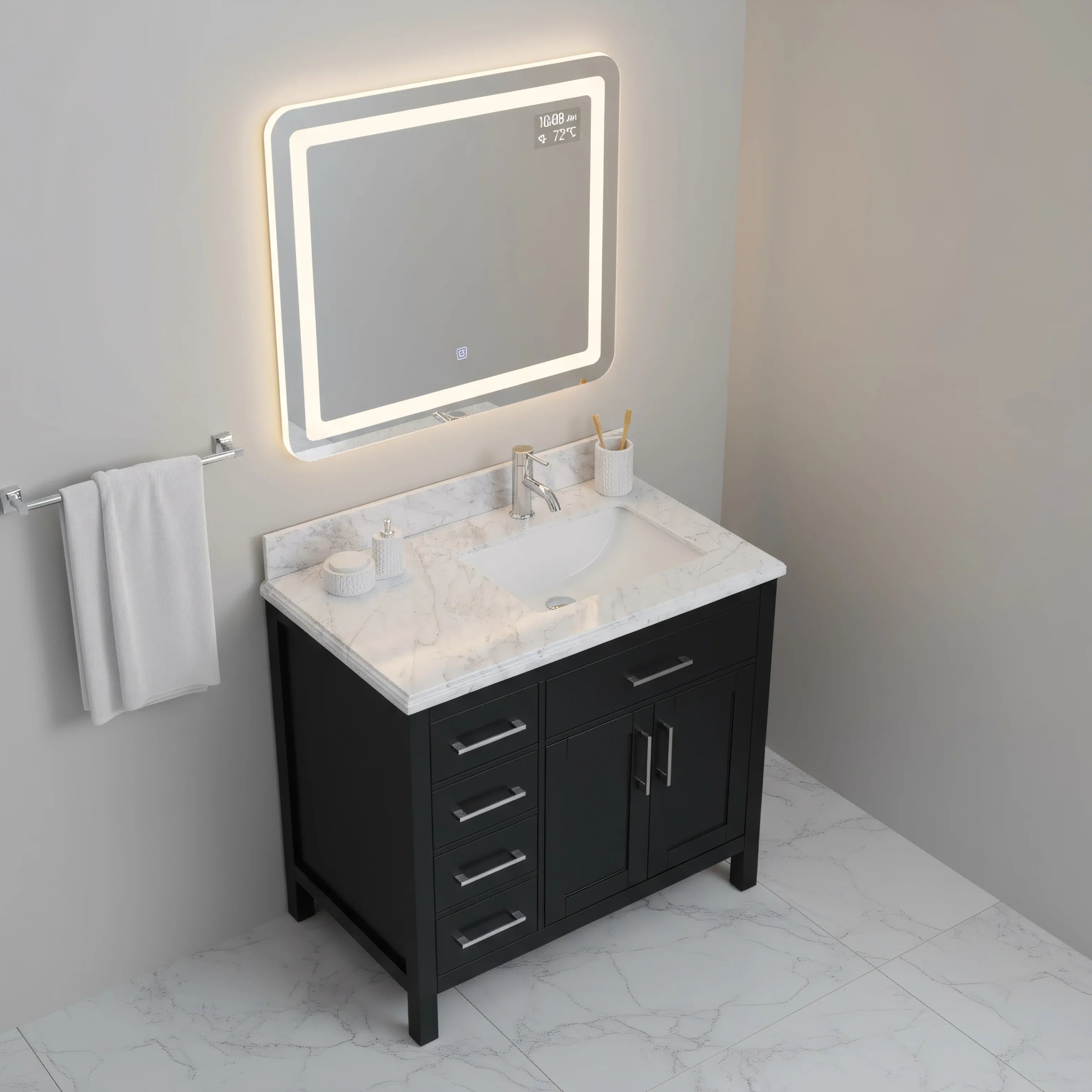 Meuble Lavabo Autoportant Noir 36po avec Comptoir en Marbre Carrera