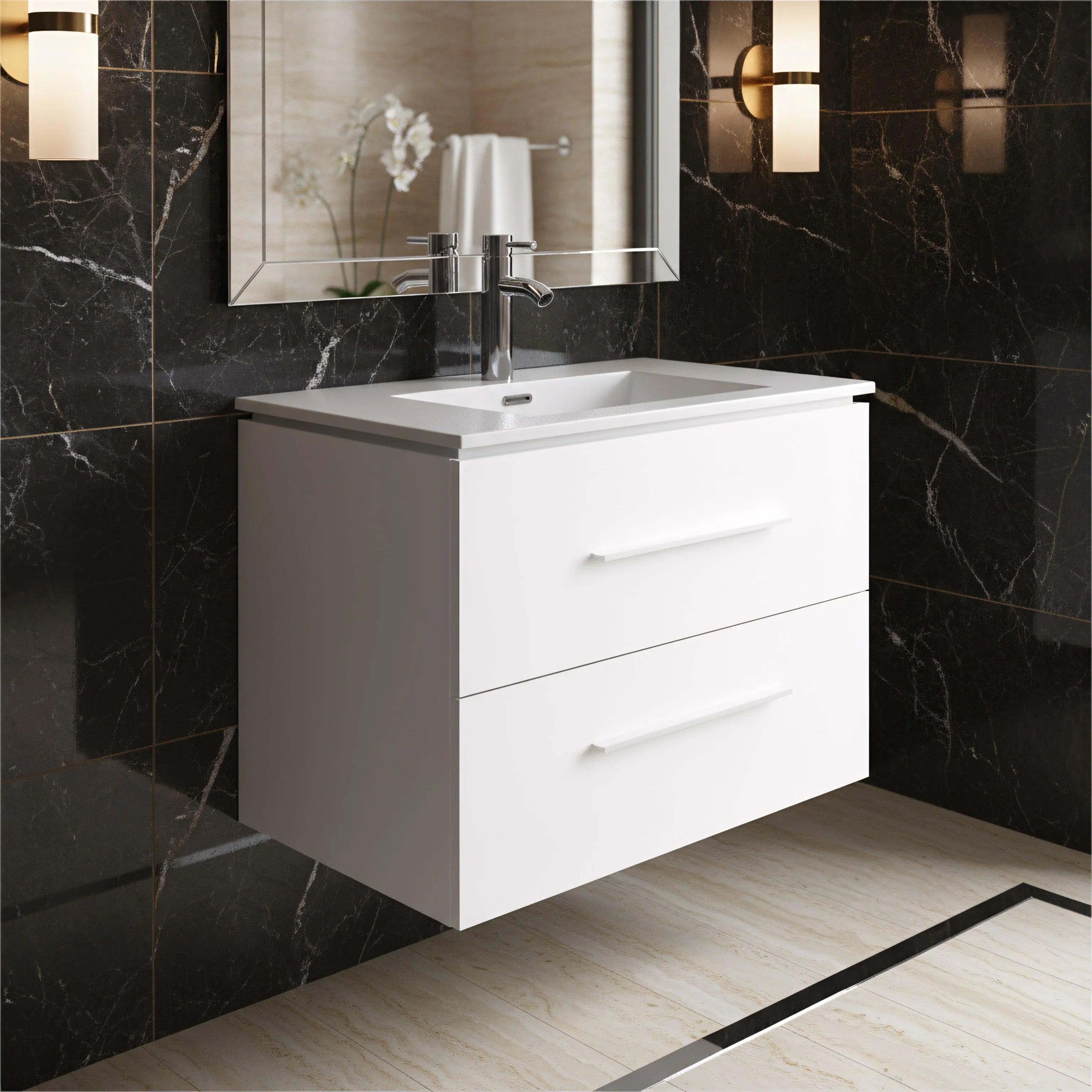 24" Matte White Wall Mount Bathroom Vanity with White Ceramic Countertop