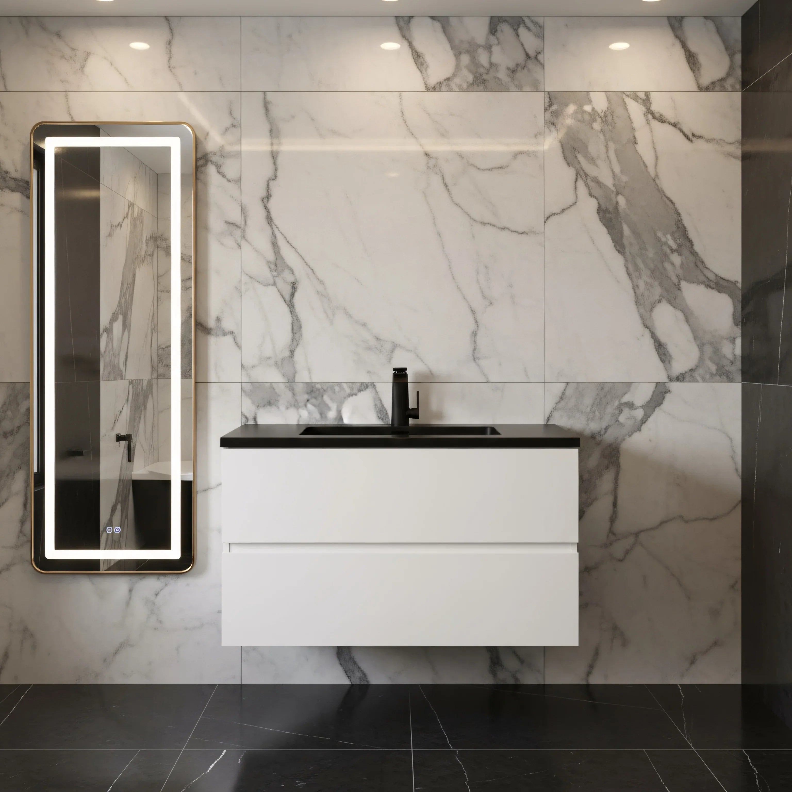 36" White Wall Mount Bathroom Vanity with Black Engineered Quartz Countertop