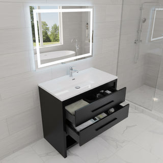 36" Black Rough Oak Freestanding Bathroom Vanity with White Polymarble Countertop