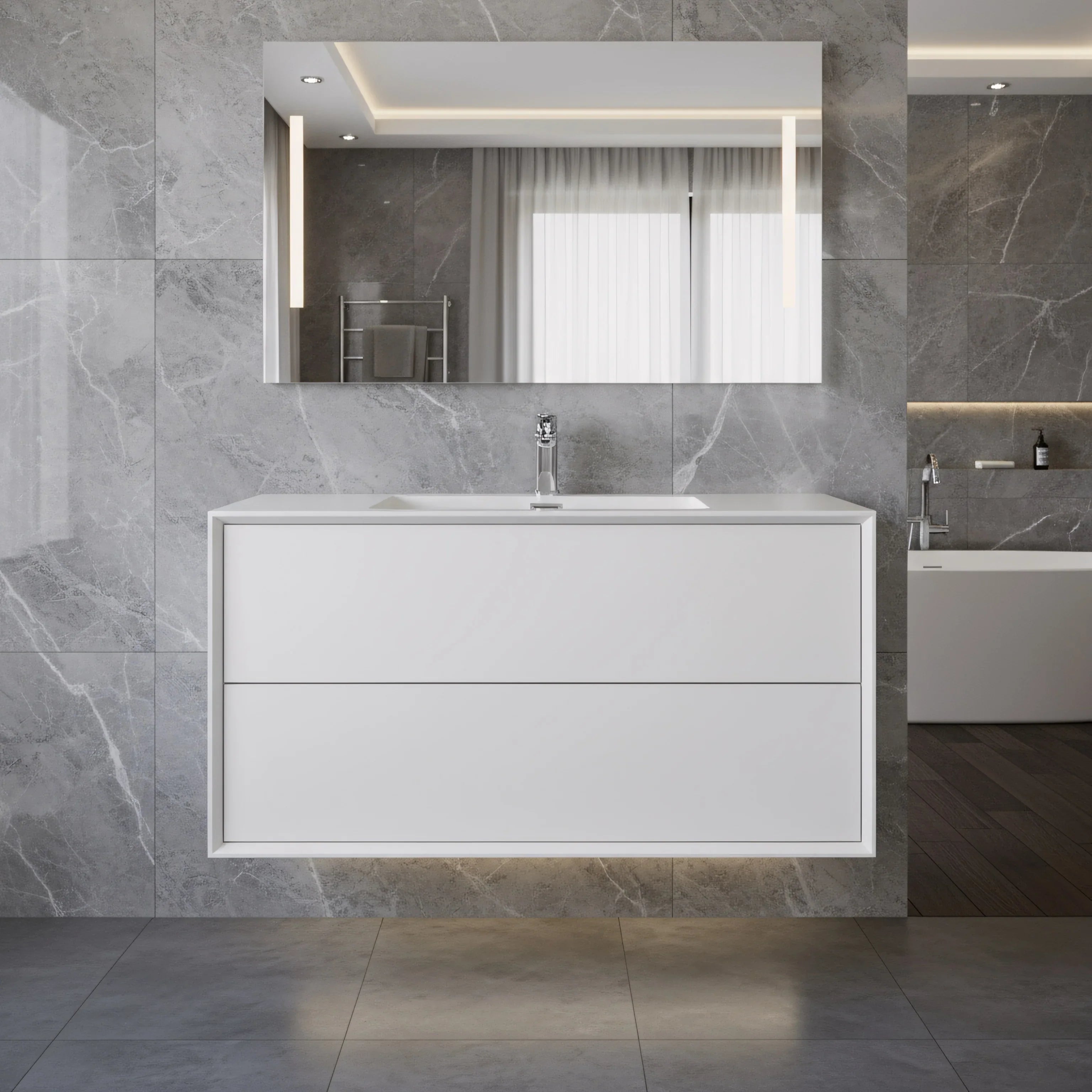 36" White Wall Mount Vanity with White Polymarble Countertop