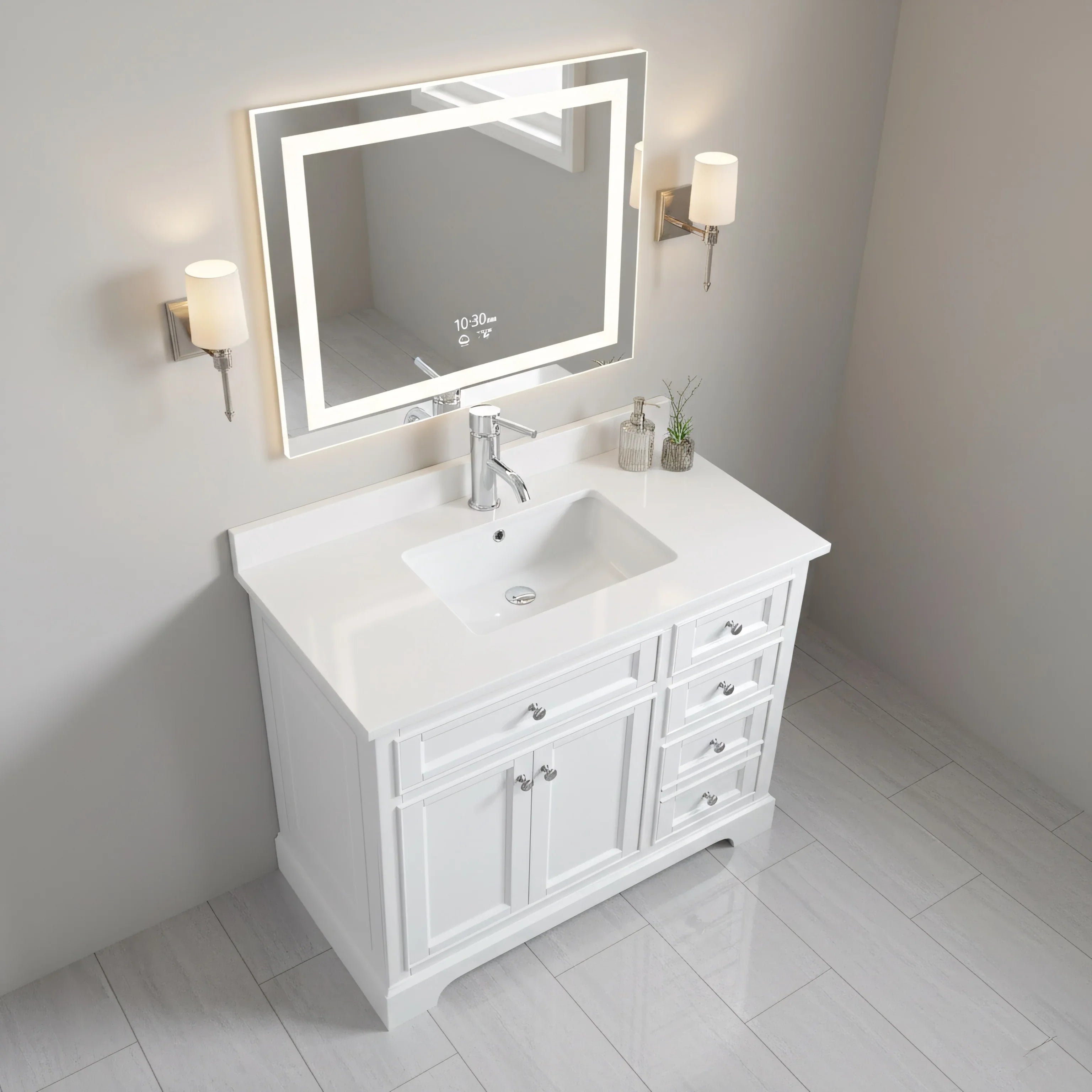 Meuble-Lavabo Autoportant 42po Blanc avec Comptoir de Quartz Blanc