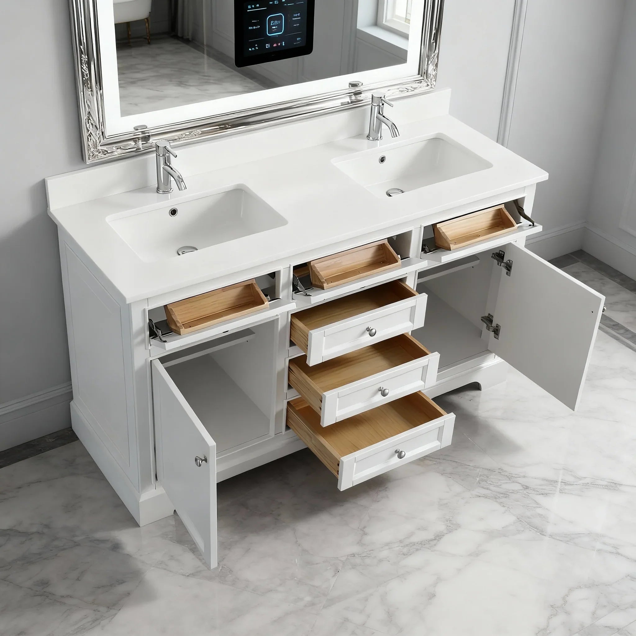 60" White Freestanding Double Sink Bathroom Vanity with Solid White Quartz Countertop