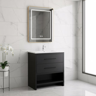 Meuble-Lavabo Autoportant 30po Chêne Noir avec Comptoir de Polymarbre Blanc