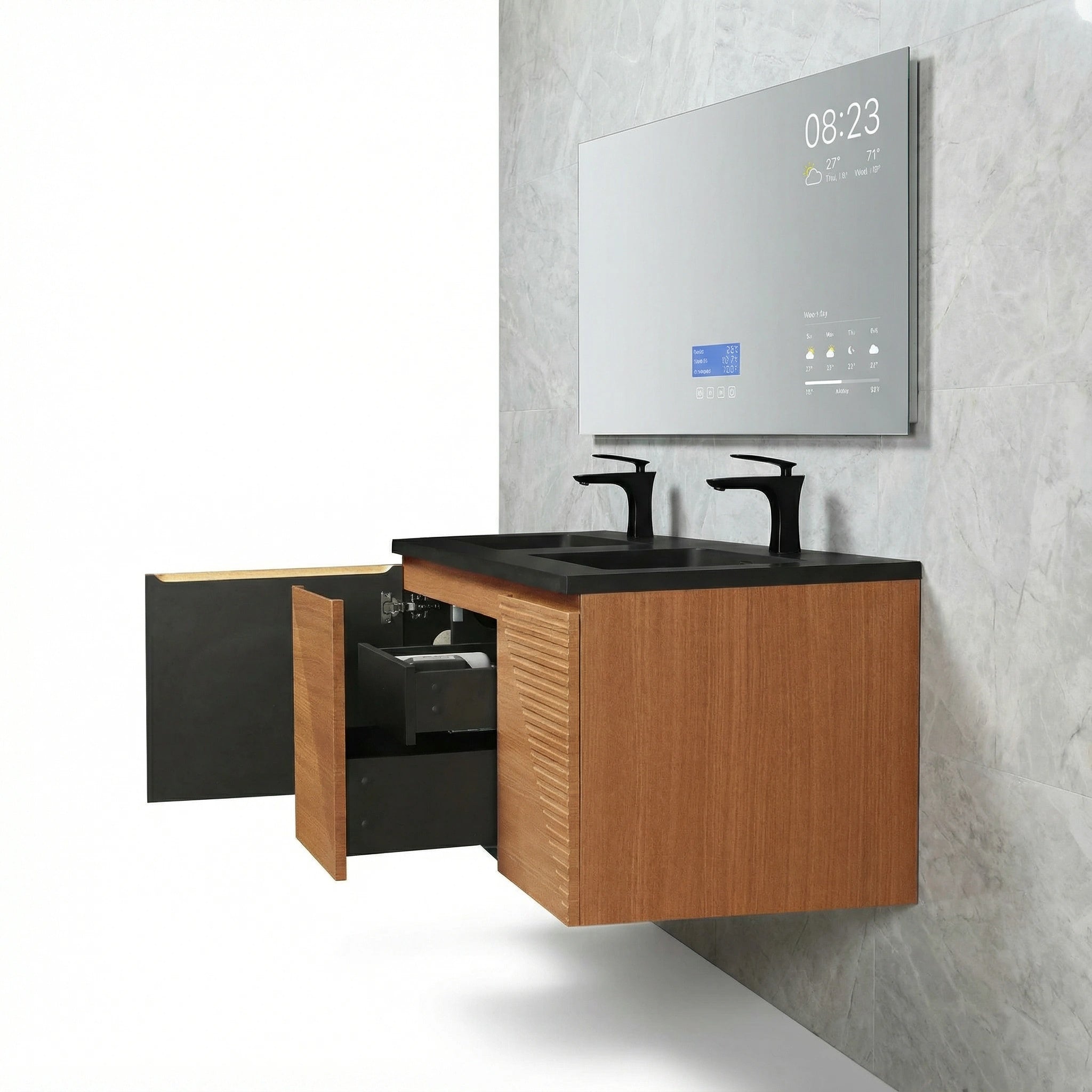 60" Light Oak Wall-Mounted Double Sink Bathroom Vanity with Black Engineered Quartz Countertop