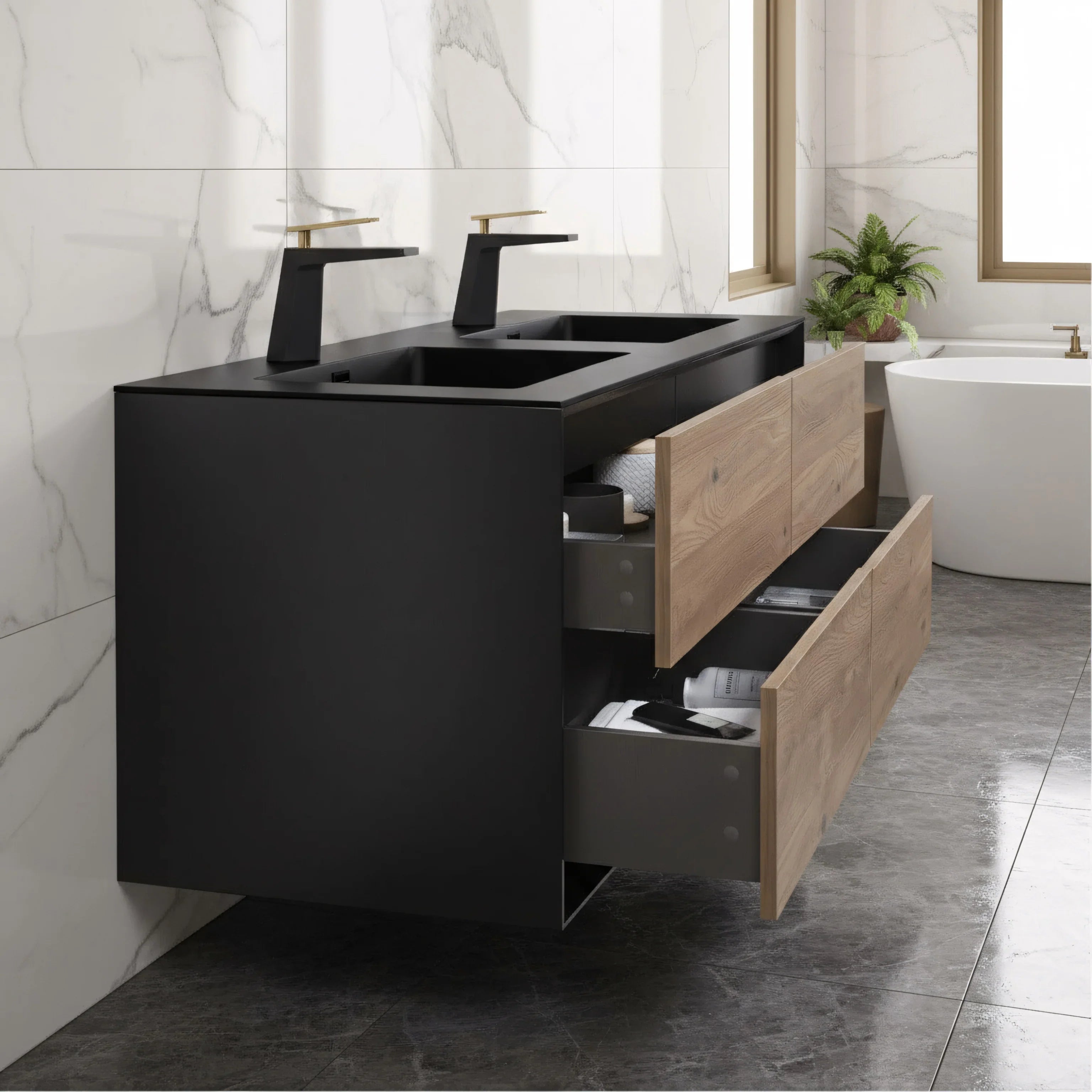 60" Black & Rough Oak Wall Mount Double Sink Bathroom Vanity with Black Engineered Quartz Countertop