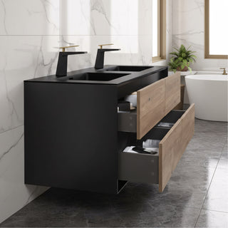 60" Black & Rough Oak Wall Mount Double Sink Bathroom Vanity with Black Engineered Quartz Countertop