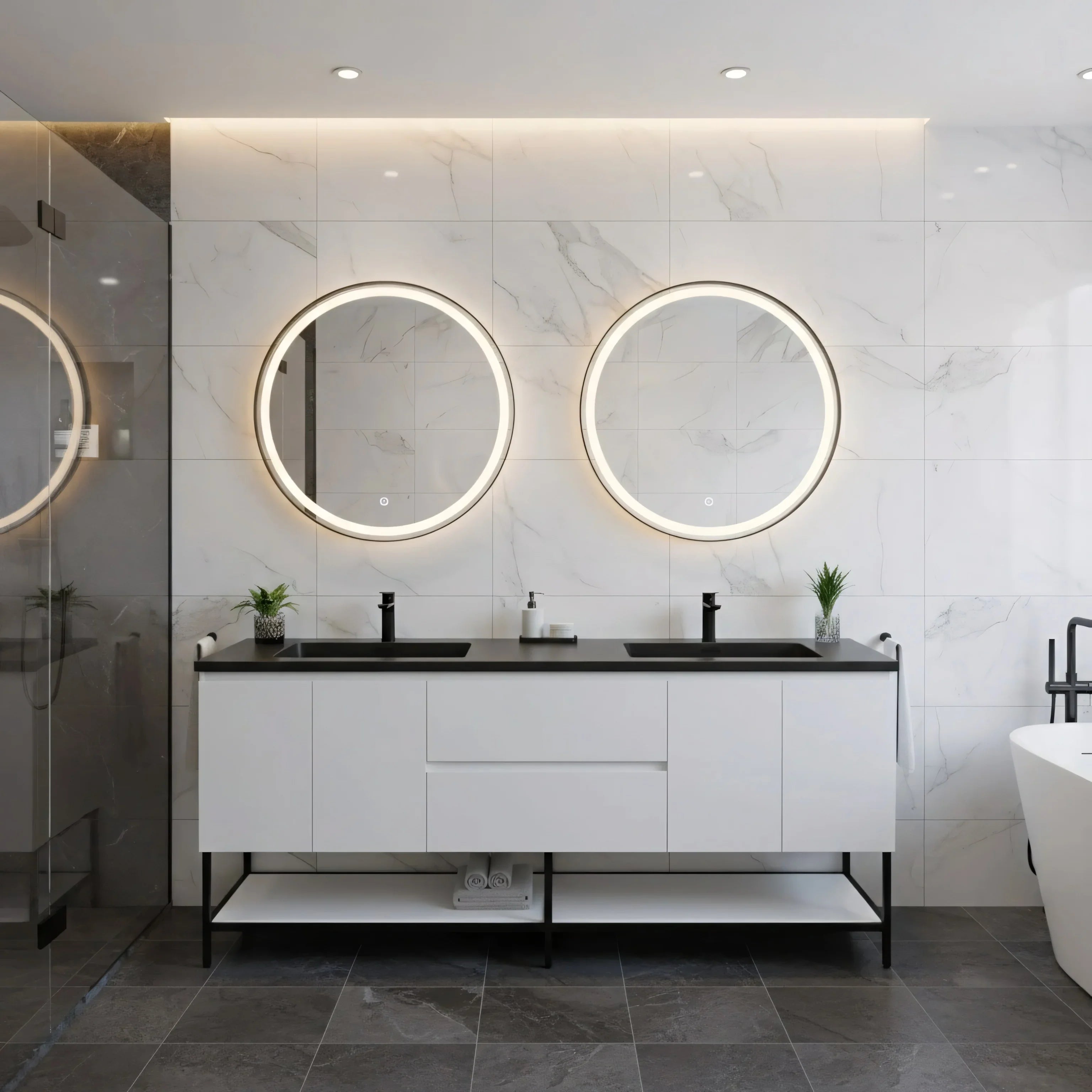 Meuble-Lavabo Mural 72po Blanc avec Comptoir de Quartz d'ingénierie Noir