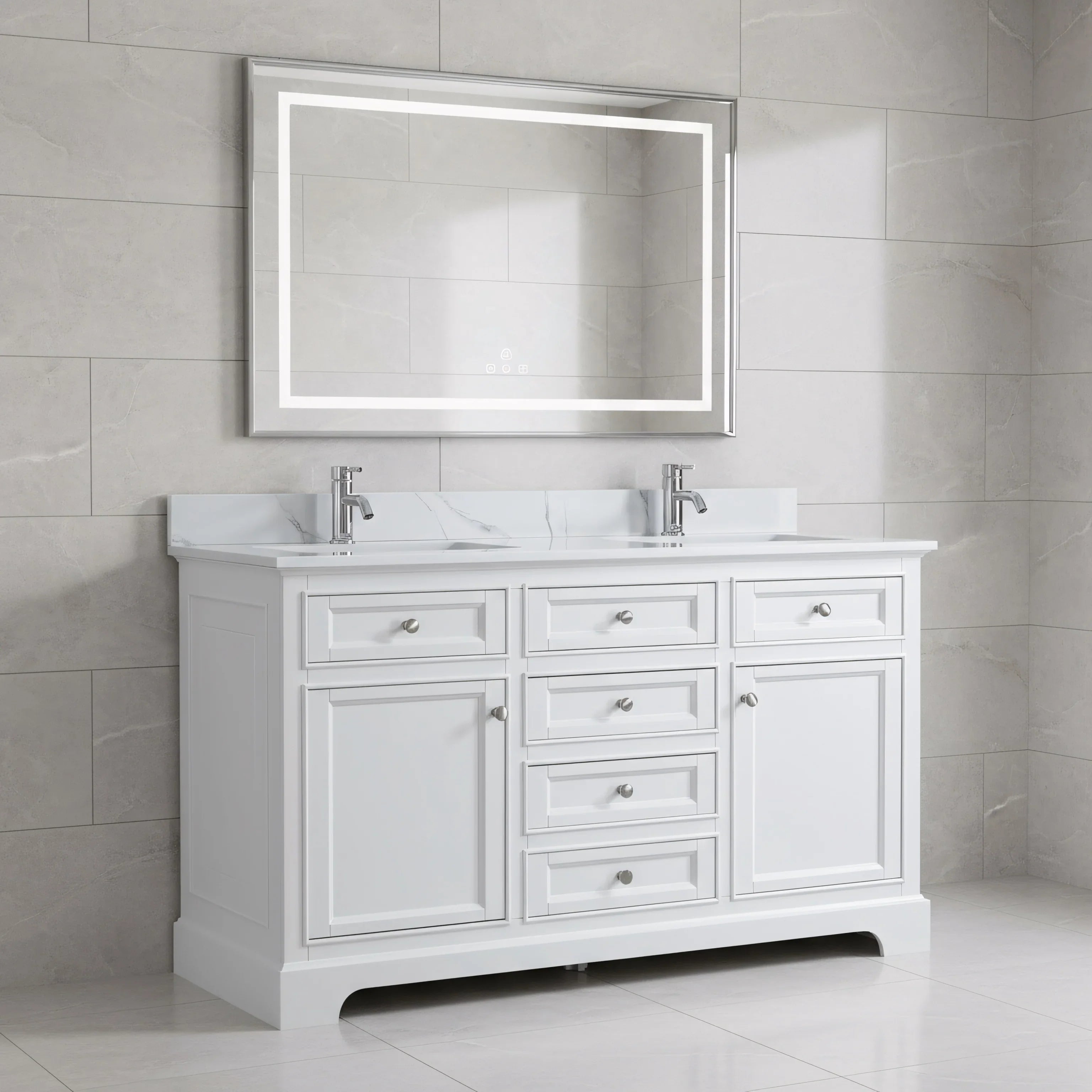 60" White Freestanding Double Sink Bathroom Vanity with Engineered Calcutta Marble Countertop