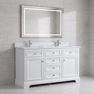 60" White Freestanding Double Sink Bathroom Vanity with Engineered Calcutta Marble Countertop
