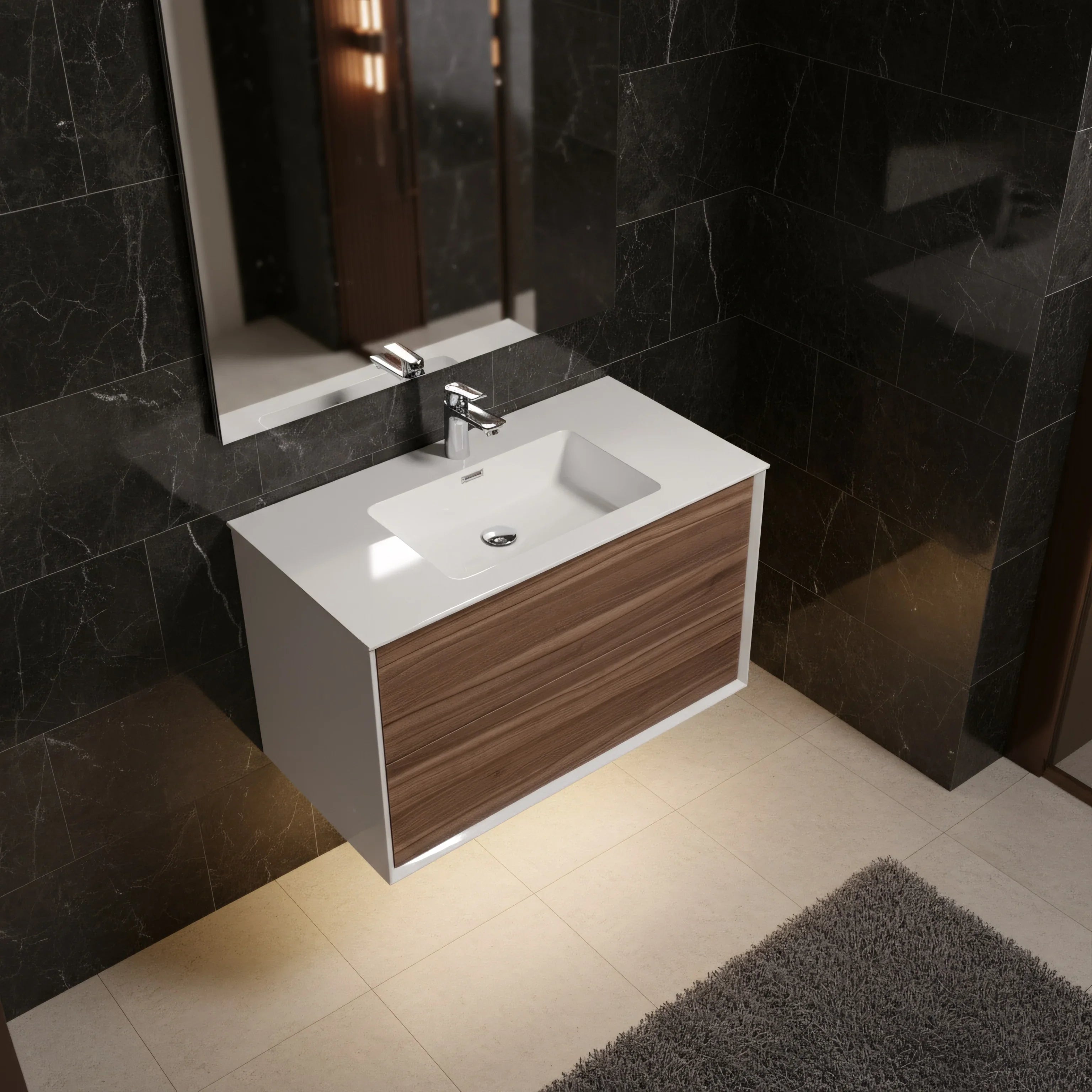 Meuble-lavabo mural en noyer de 36" avec Comptoir en polymarbre blanc