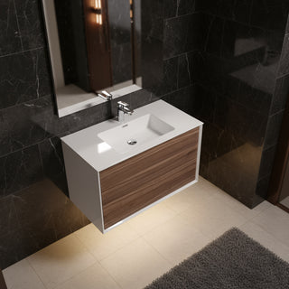 Meuble-lavabo mural en noyer de 36" avec Comptoir en polymarbre blanc