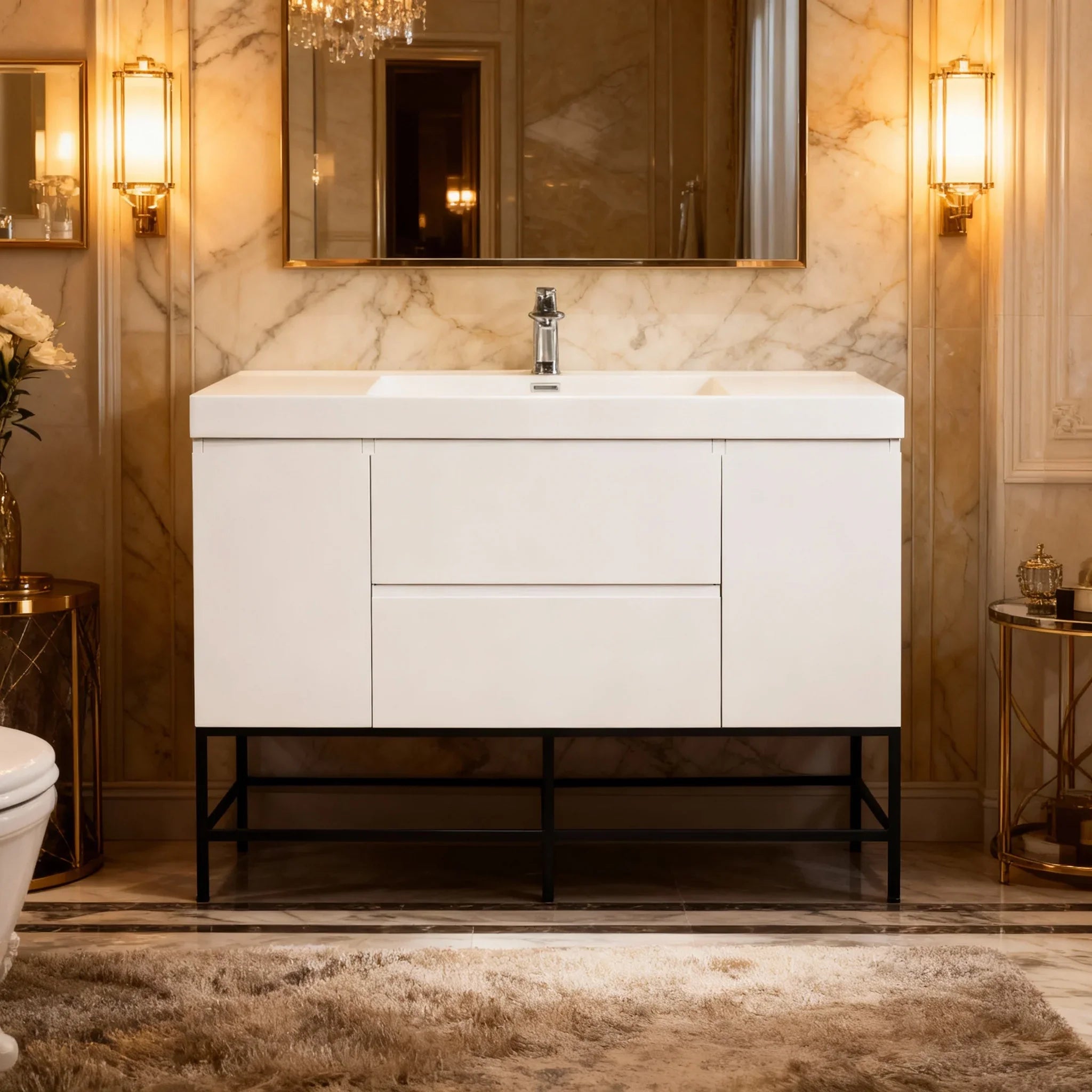 48" Glossy White Wall Mount Single Sink Bathroom Vanity with White Polymarble Countertop