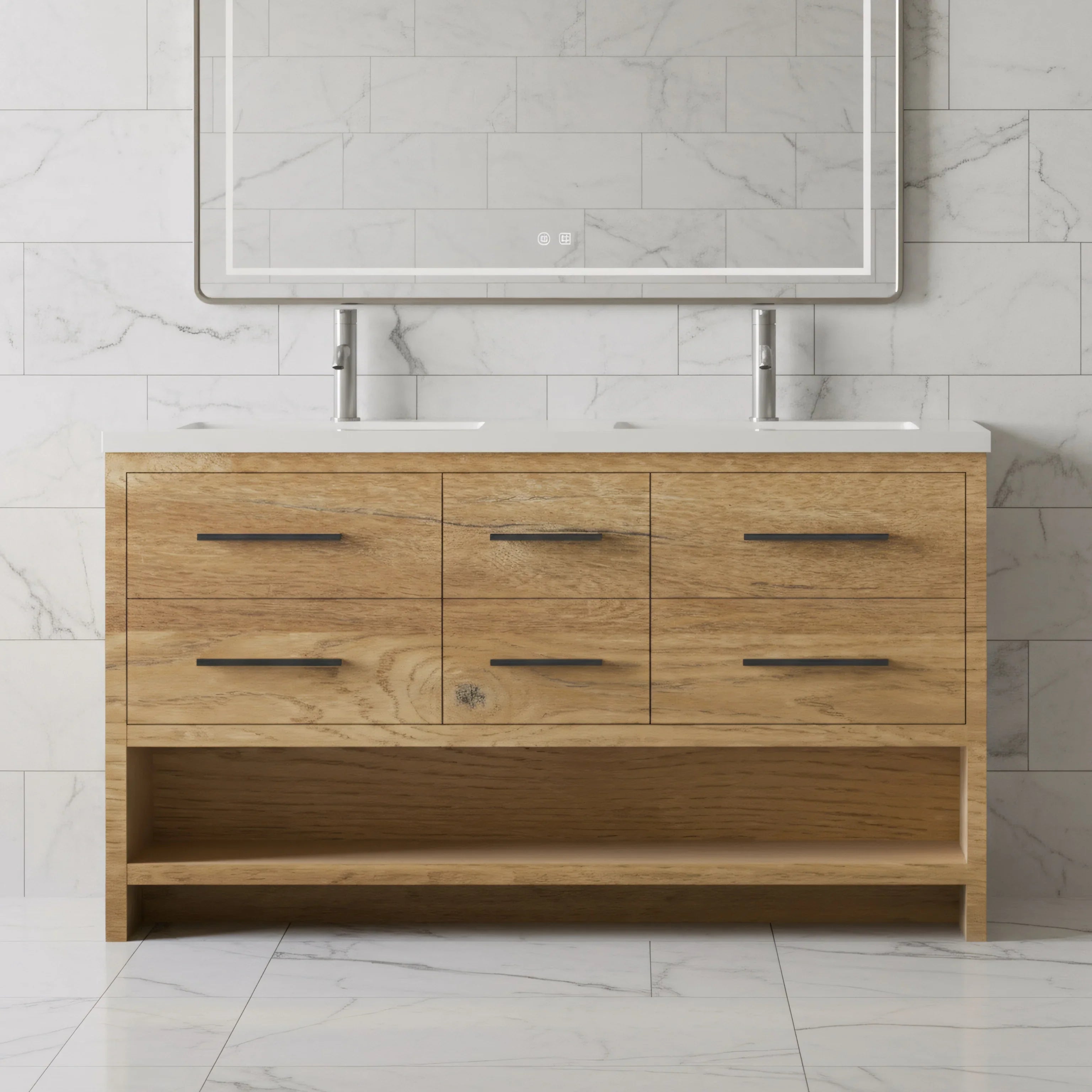Meuble-Lavabo Autoportant 60po Chêne Brut avec Comptoir de Polymarbre Blanc