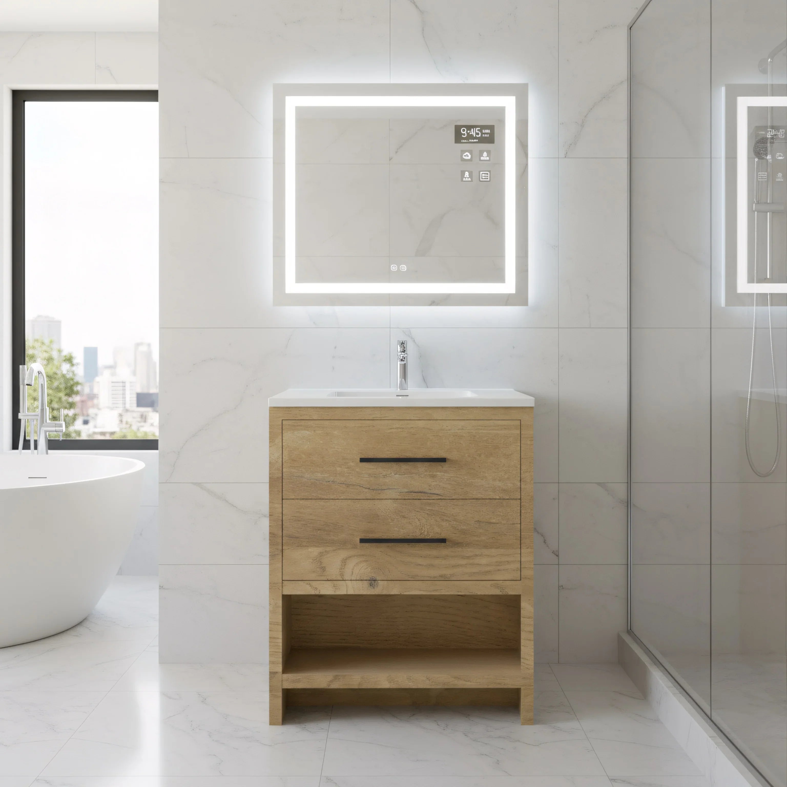 Meuble-lavabo Autoportant 24 po Chêne Brut avec Comptoir en Polymarbre Blanc