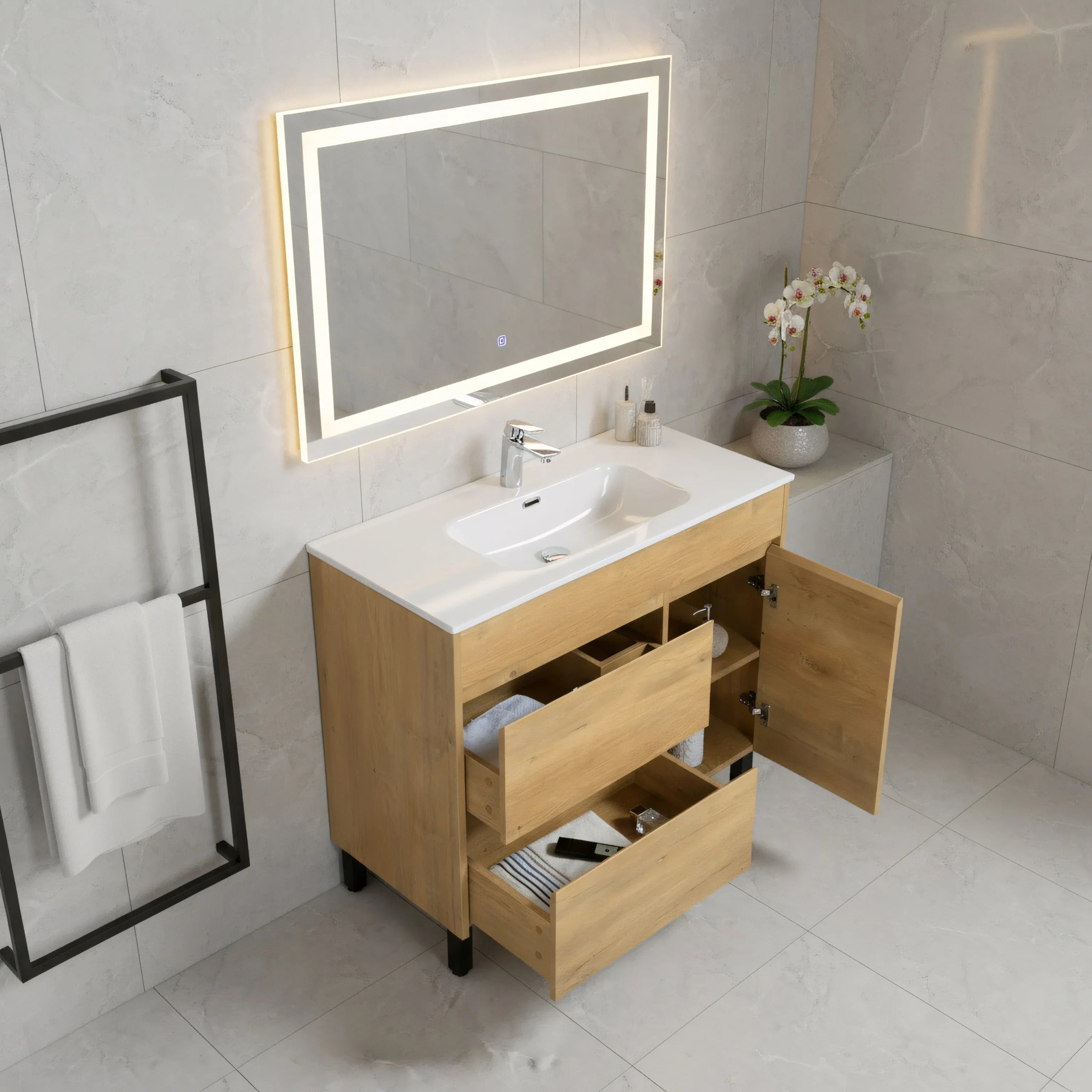 40" Frosted Oak Freestanding Bathroom Vanity with White Ceramic Countertop