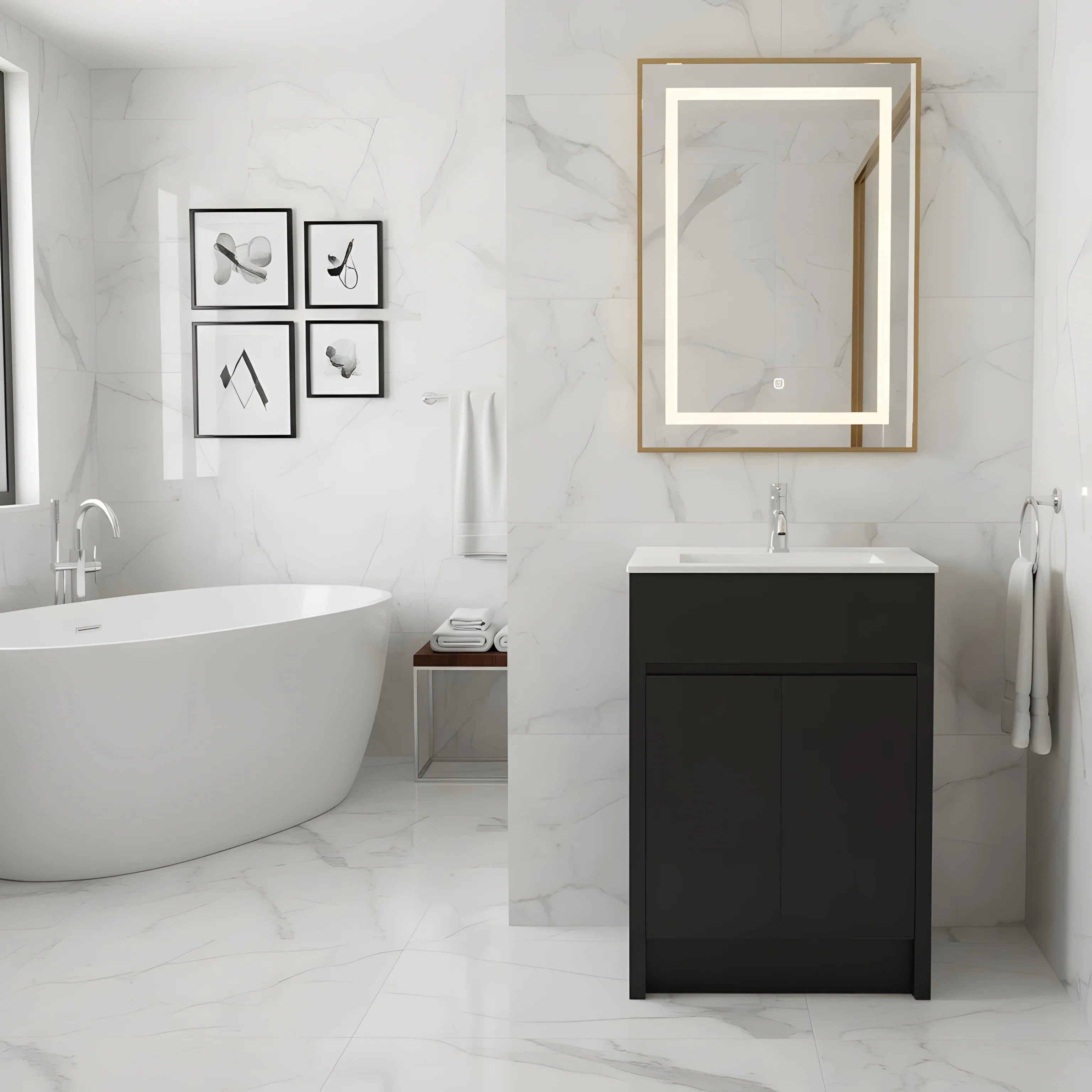 24" Dark Brown Oak Freestanding Bathroom Vanity with White Ceramic Countertop