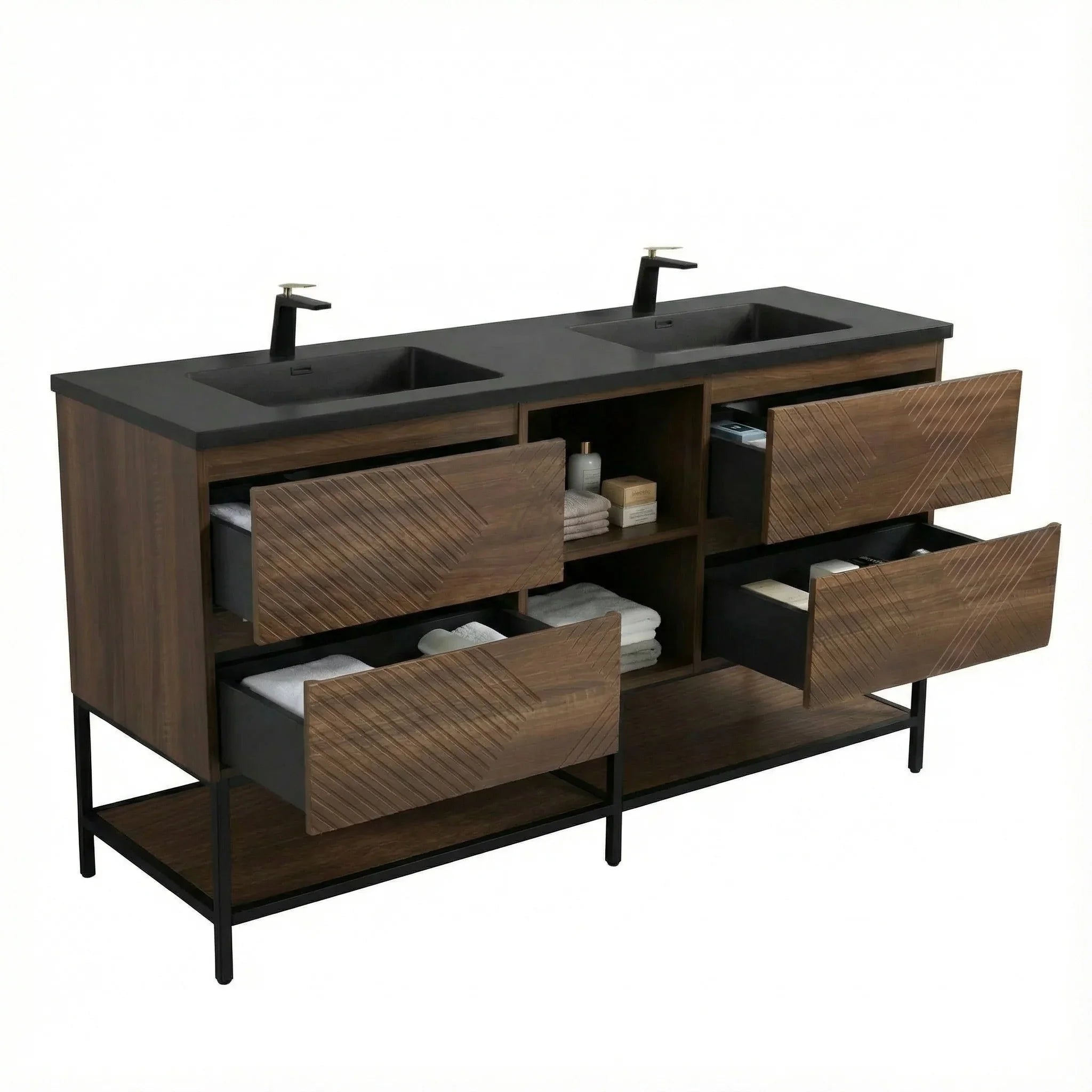 72" Walnut Wall Mount Double Sink Bathroom Vanity with Black Engineered Quartz Countertop