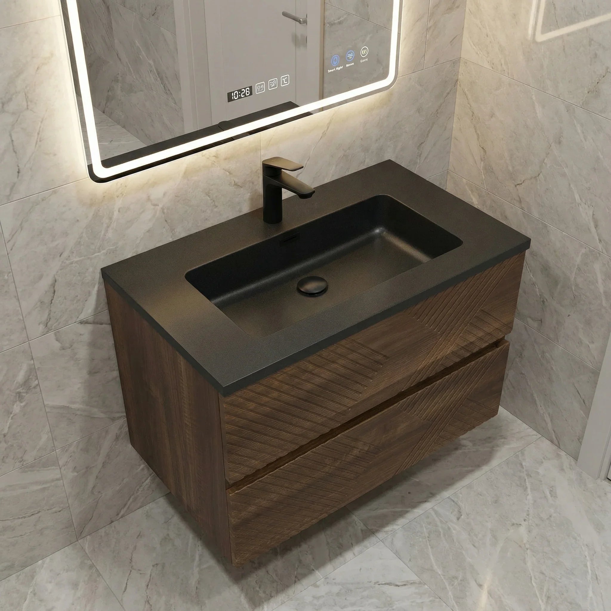 30" Walnut Wall Mount Single Sink Bathroom Vanity with Black Engineered Quartz Countertop