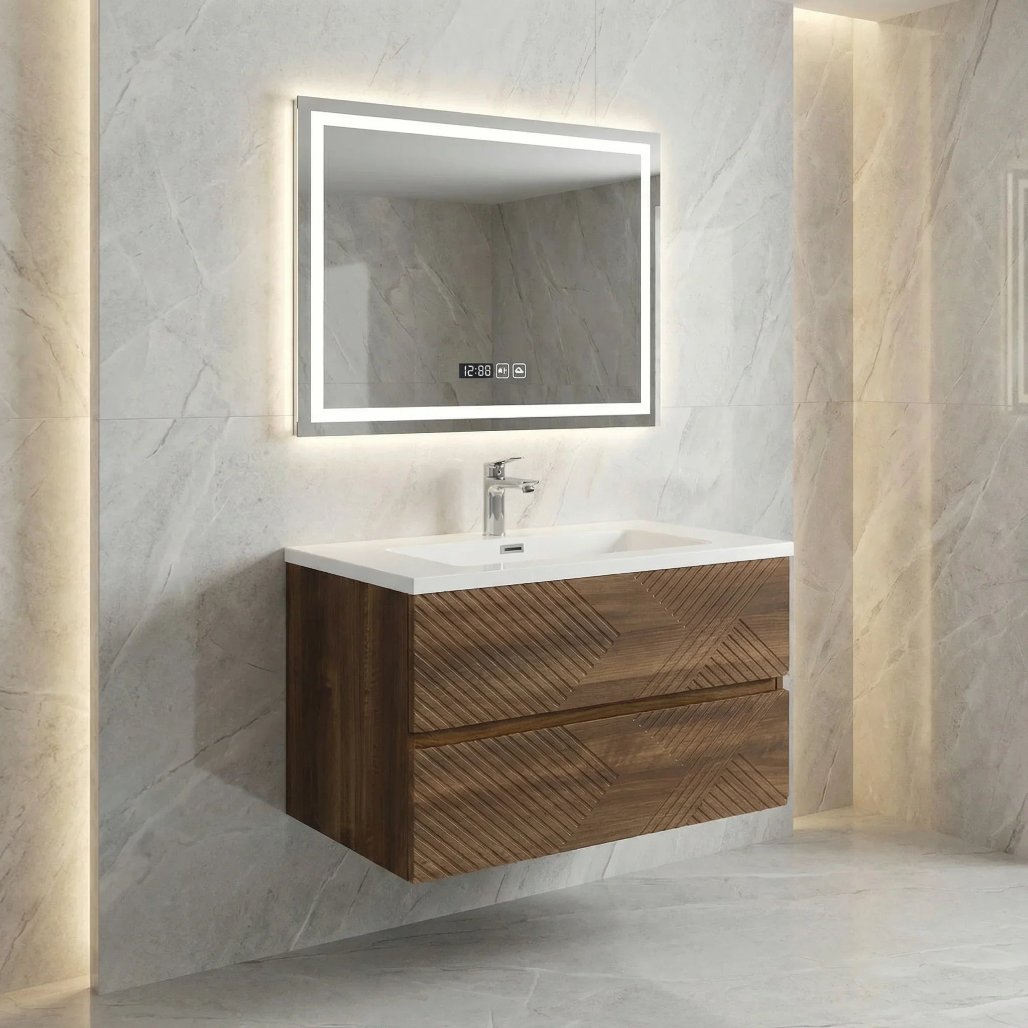 30" Walnut Wall Mount Single Sink Bathroom Vanity with White Polymarble Countertop